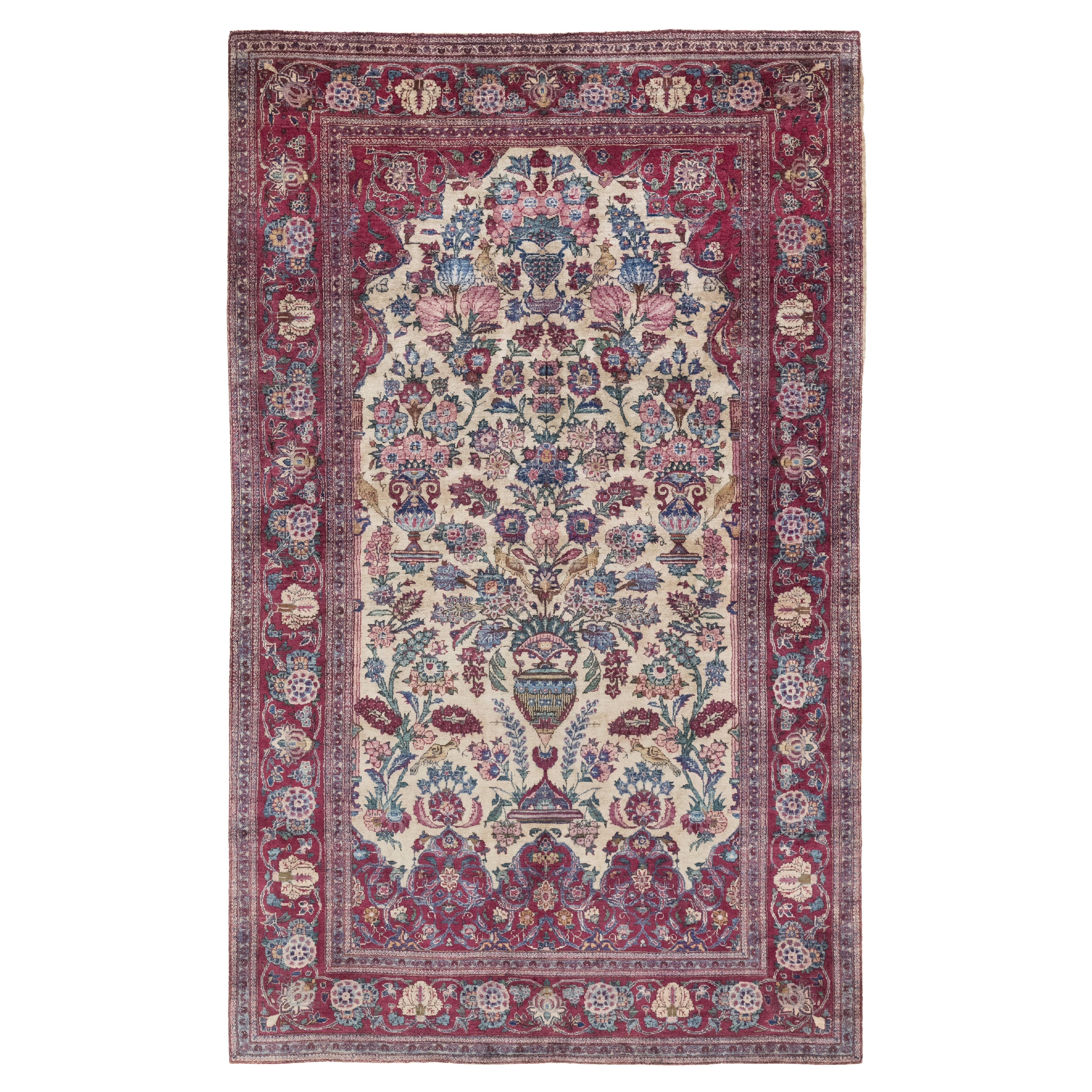 Antiker Kashan Teppich, handgeknüpft, 6,8 × 4,2 Fuß - Elfenbein, Rot
Blau