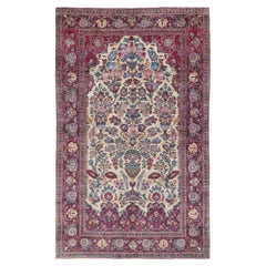 Tapis ancien de Kashan, noué à la main, 6.8 × 4.2 ft - Ivoire, rouge et bleu