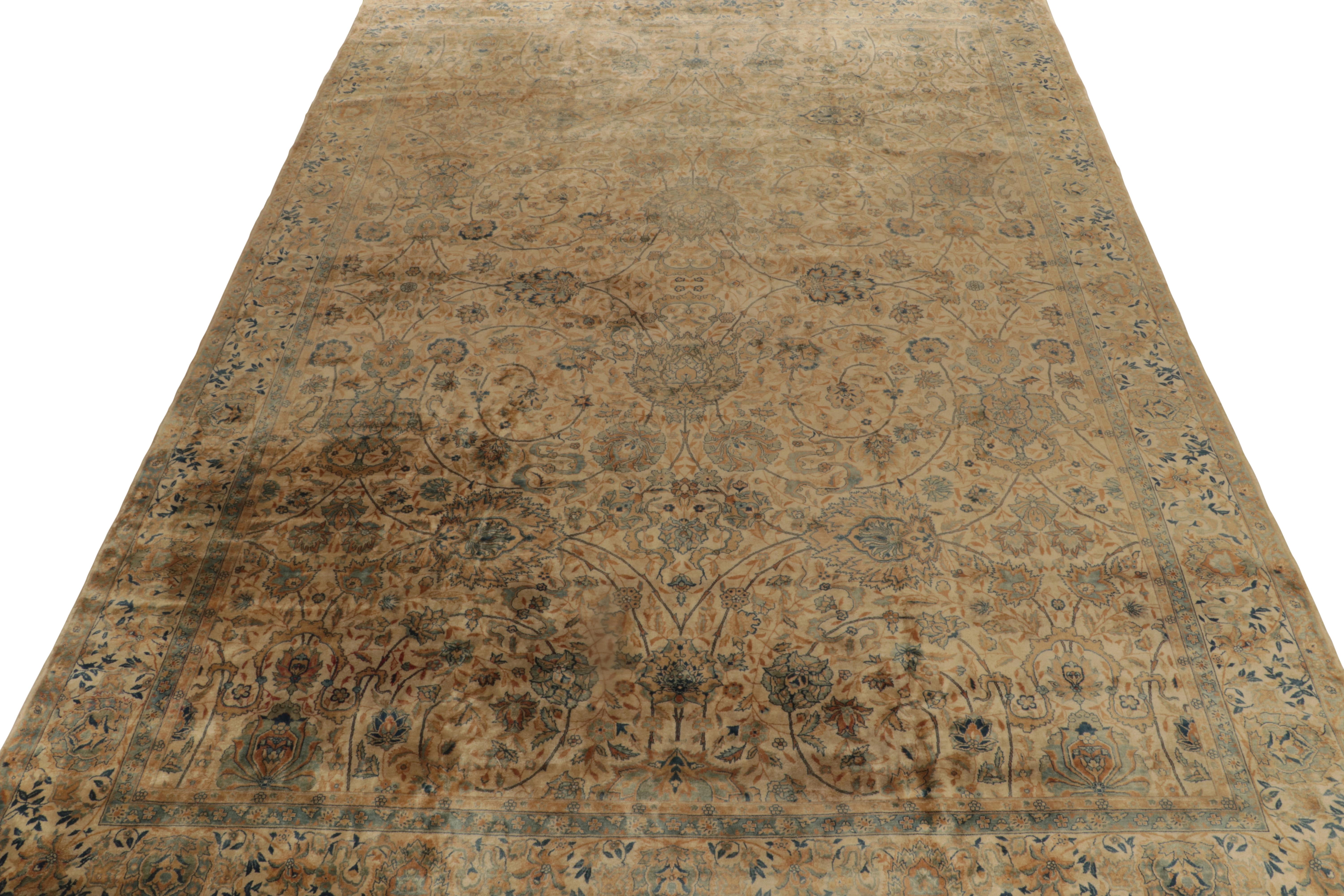Indian Antique Kashan style rug in Beige-Brown, Gold Blue Floral Pattern by Rug & Kilim For Sale