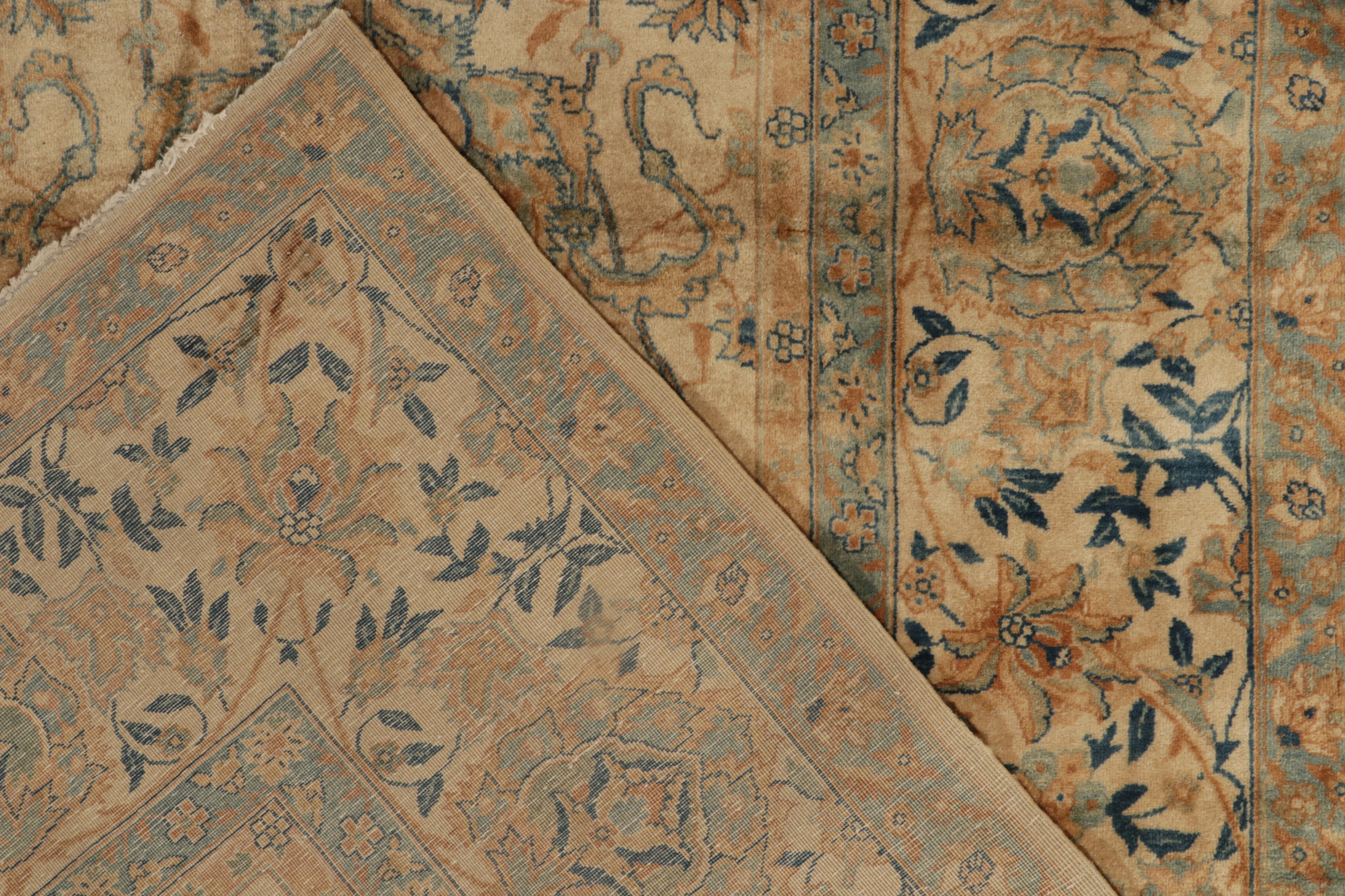 Wool Antique Kashan style rug in Beige-Brown, Gold Blue Floral Pattern by Rug & Kilim For Sale