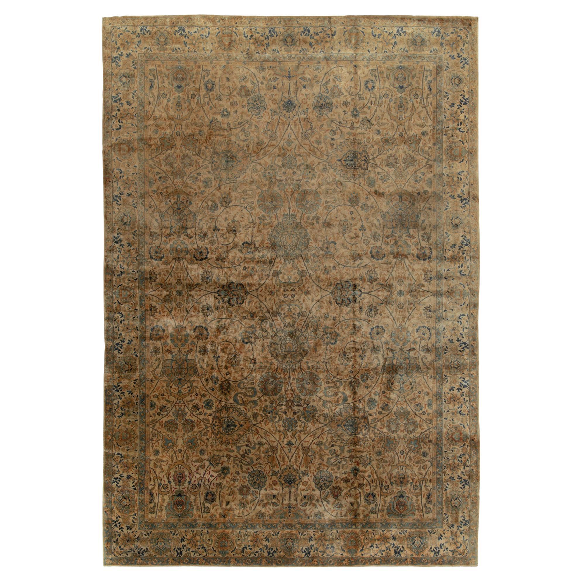 Antique Kashan style rug in Beige-Brown, Gold Blue Floral Pattern by Rug & Kilim For Sale