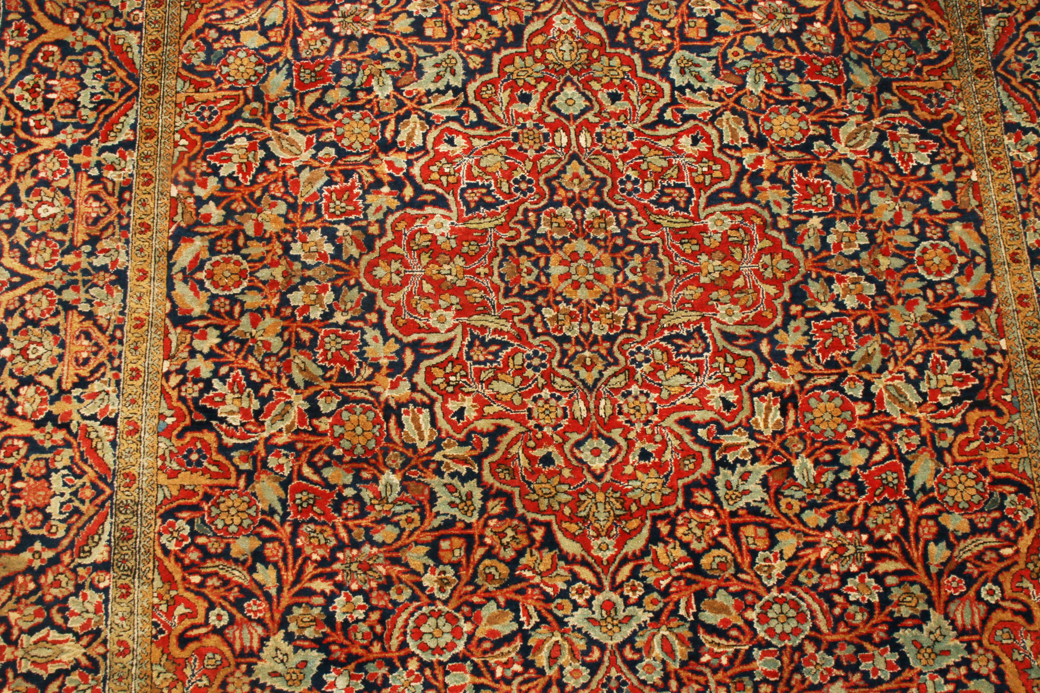 Art Deco Antique Kashan Traditional Red and Blue Silk Persian Rug For Sale