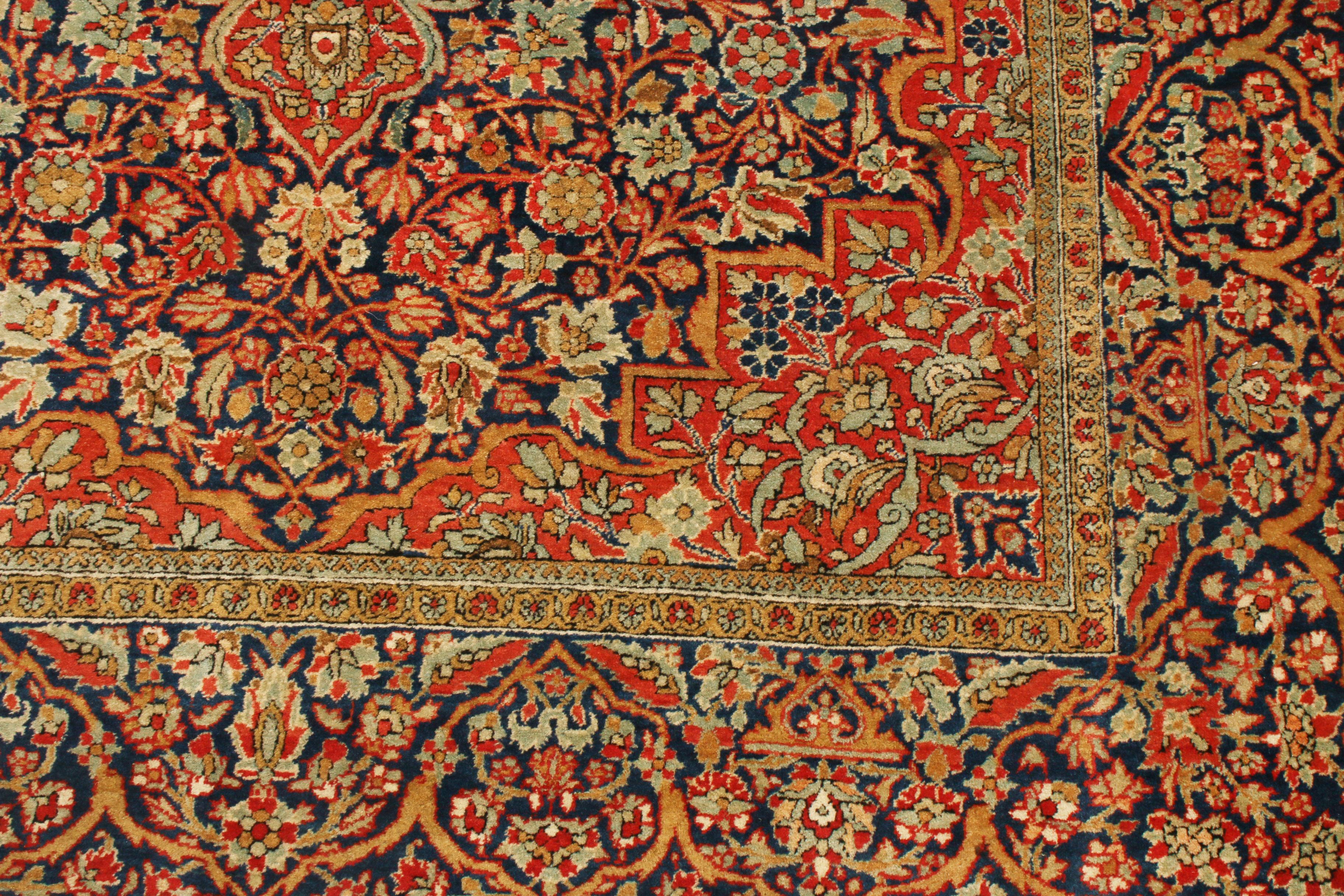 Hand-Knotted Antique Kashan Traditional Red and Blue Silk Persian Rug For Sale