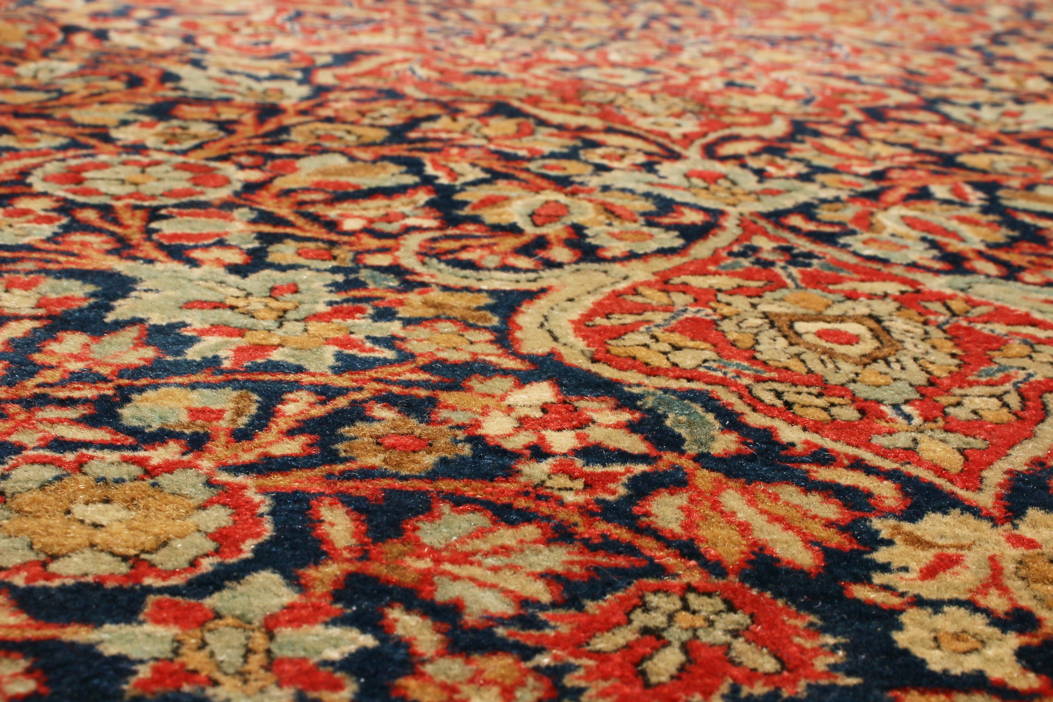 Antique Kashan Traditional Red and Blue Silk Persian Rug In Good Condition For Sale In Long Island City, NY