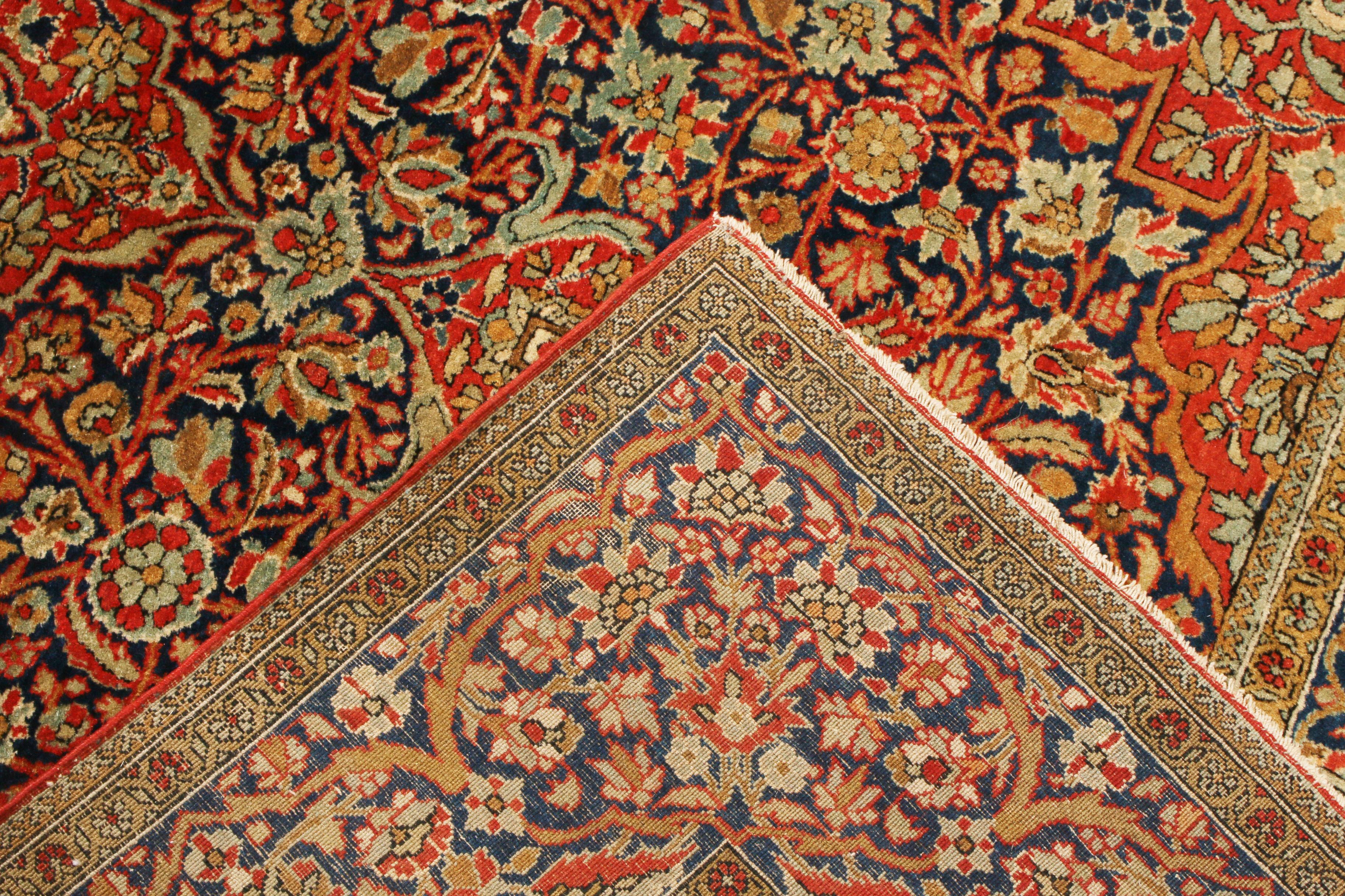 Early 20th Century Antique Kashan Traditional Red and Blue Silk Persian Rug For Sale