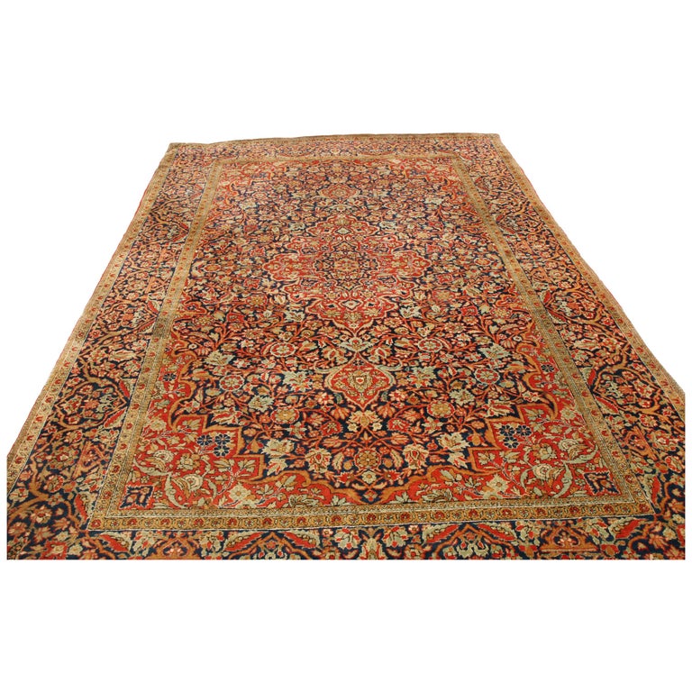 Antique Kashan Traditional Red and Blue Silk Persian Rug For Sale at