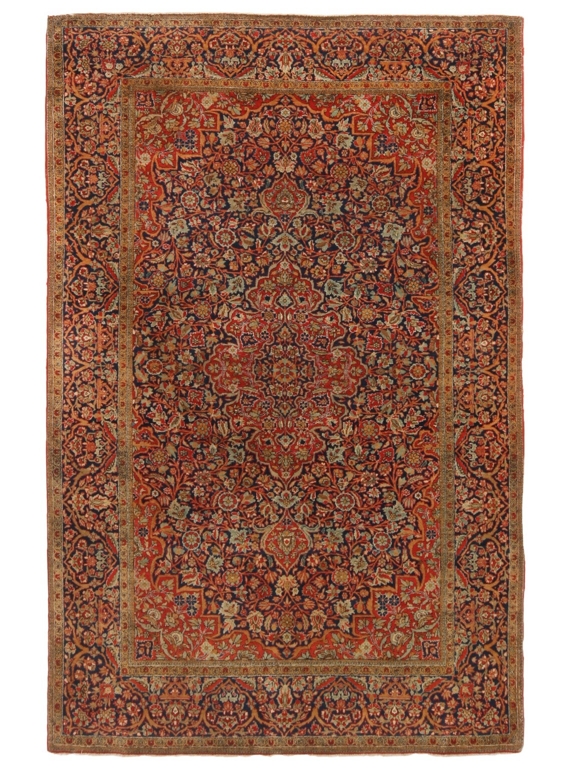 Antique Kashan Traditional Red and Blue Silk Persian Rug For Sale