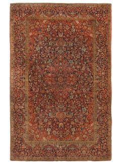 Antique Kashan Traditional Red and Blue Silk Persian Rug