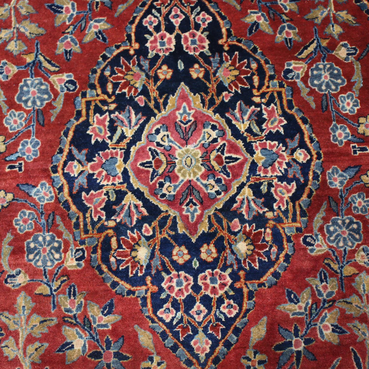 Hand-Knotted Antique Kashan Traditional Red and Navy Blue Wool Persian Rug by Rug & Kilim For Sale