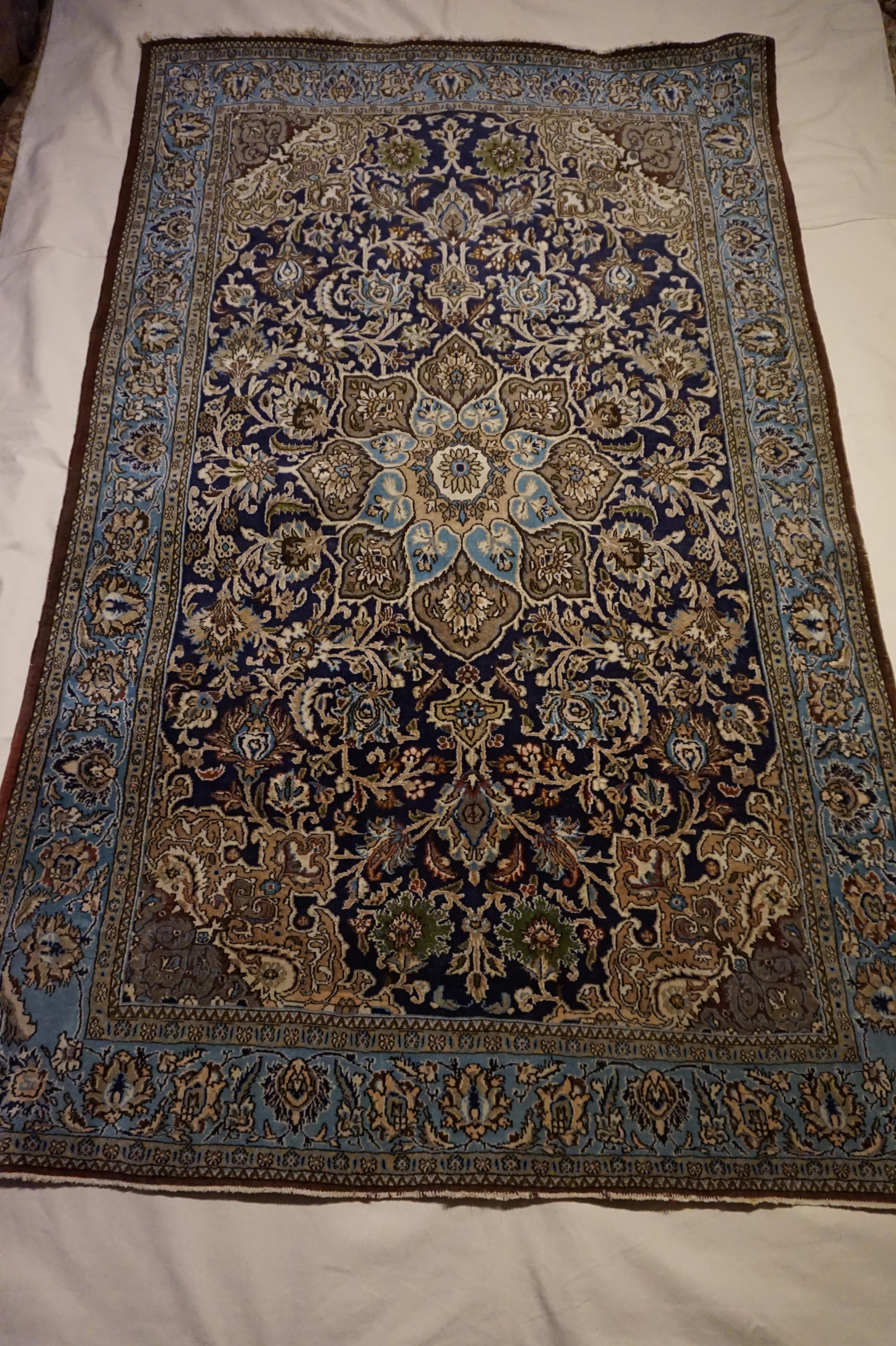 Antique Kashmir Kashan Rug Hand-knotted In Pure Wool In Indigo, Blues & Browns For Sale 4