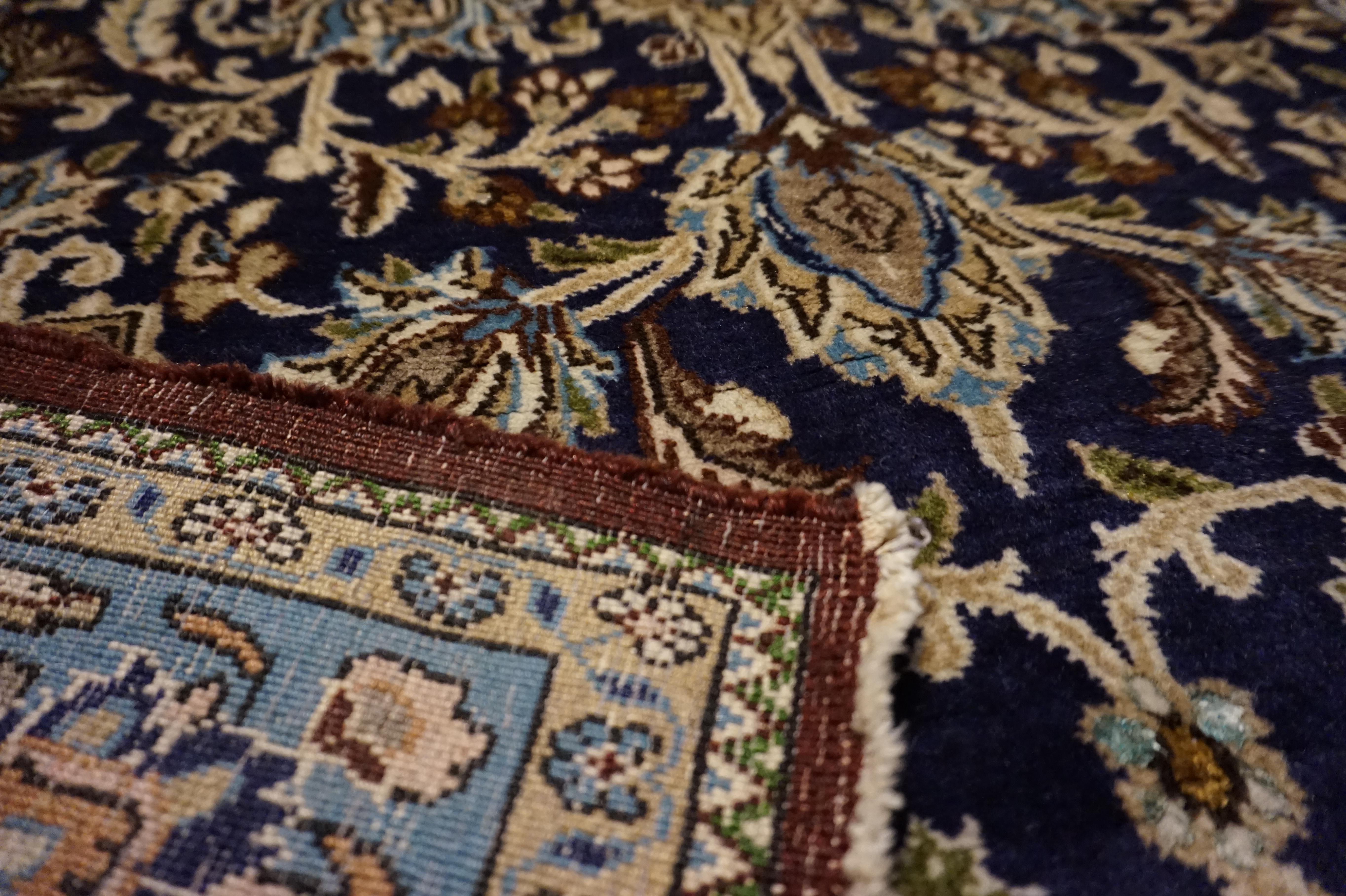 Antique Kashmir Kashan Rug Hand-knotted In Pure Wool In Indigo, Blues & Browns For Sale 8