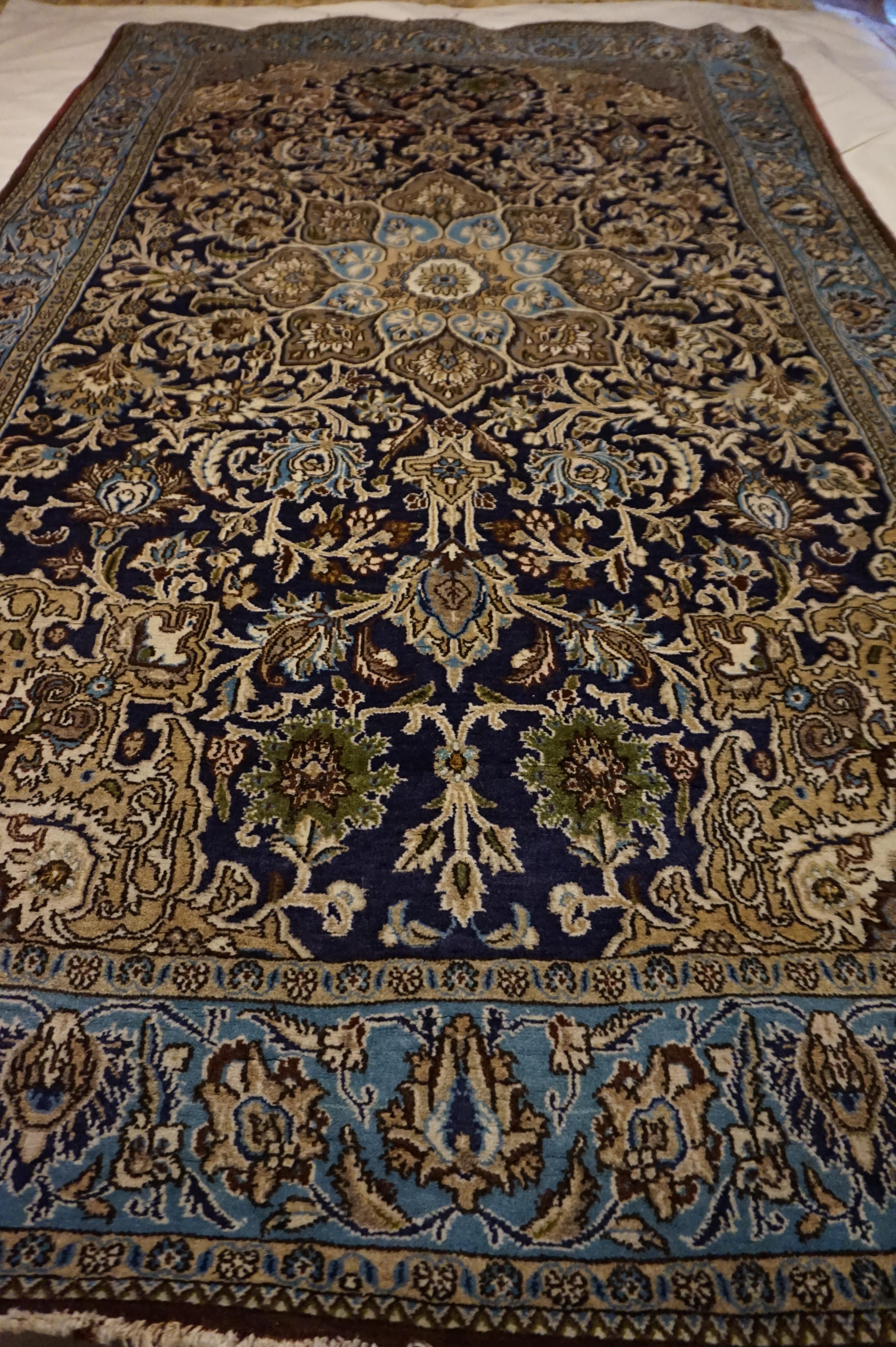 Indian Antique Kashmir Kashan Rug Hand-knotted In Pure Wool In Indigo, Blues & Browns For Sale