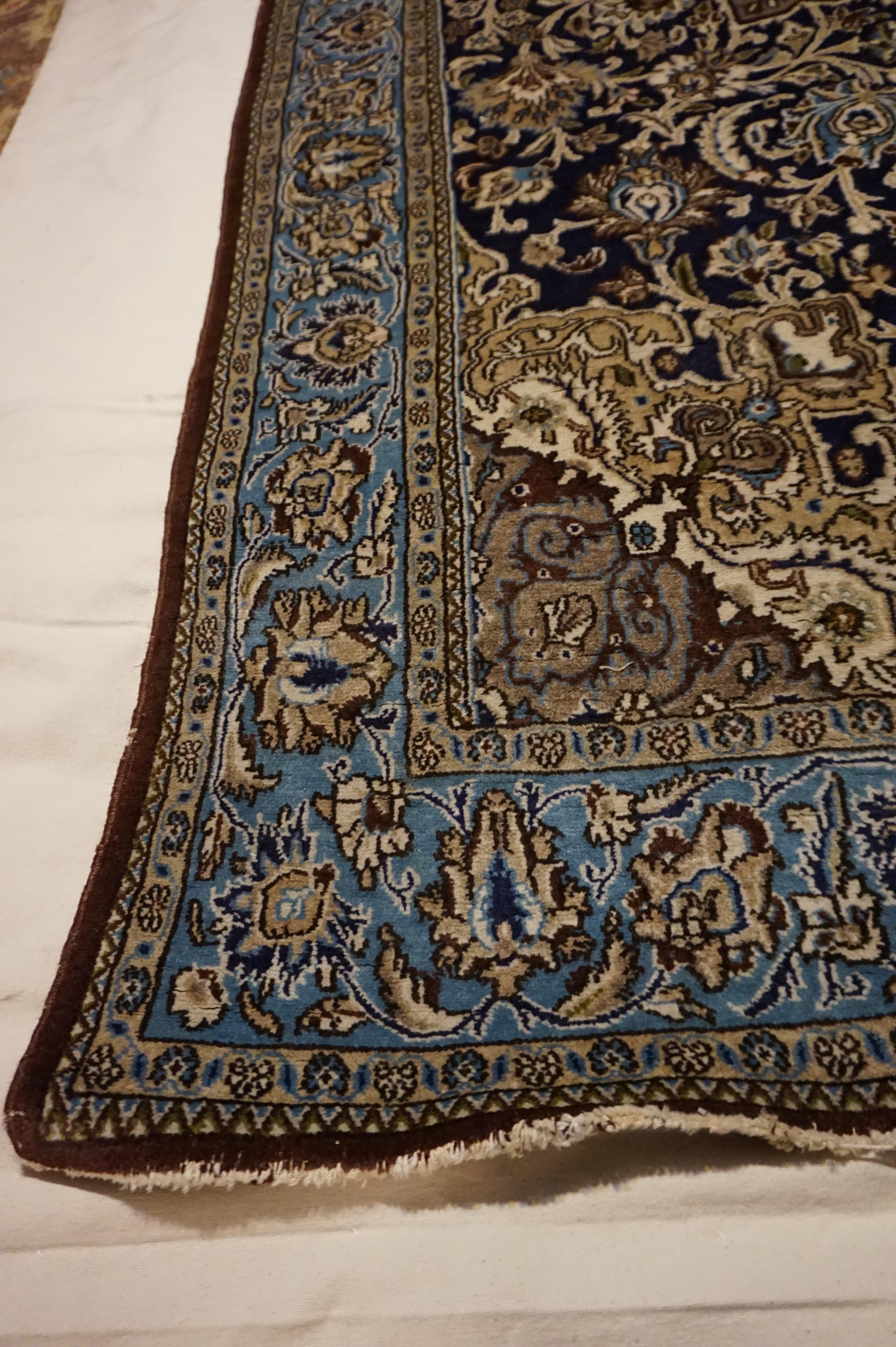 Hand-Knotted Antique Kashmir Kashan Rug Hand-knotted In Pure Wool In Indigo, Blues & Browns For Sale