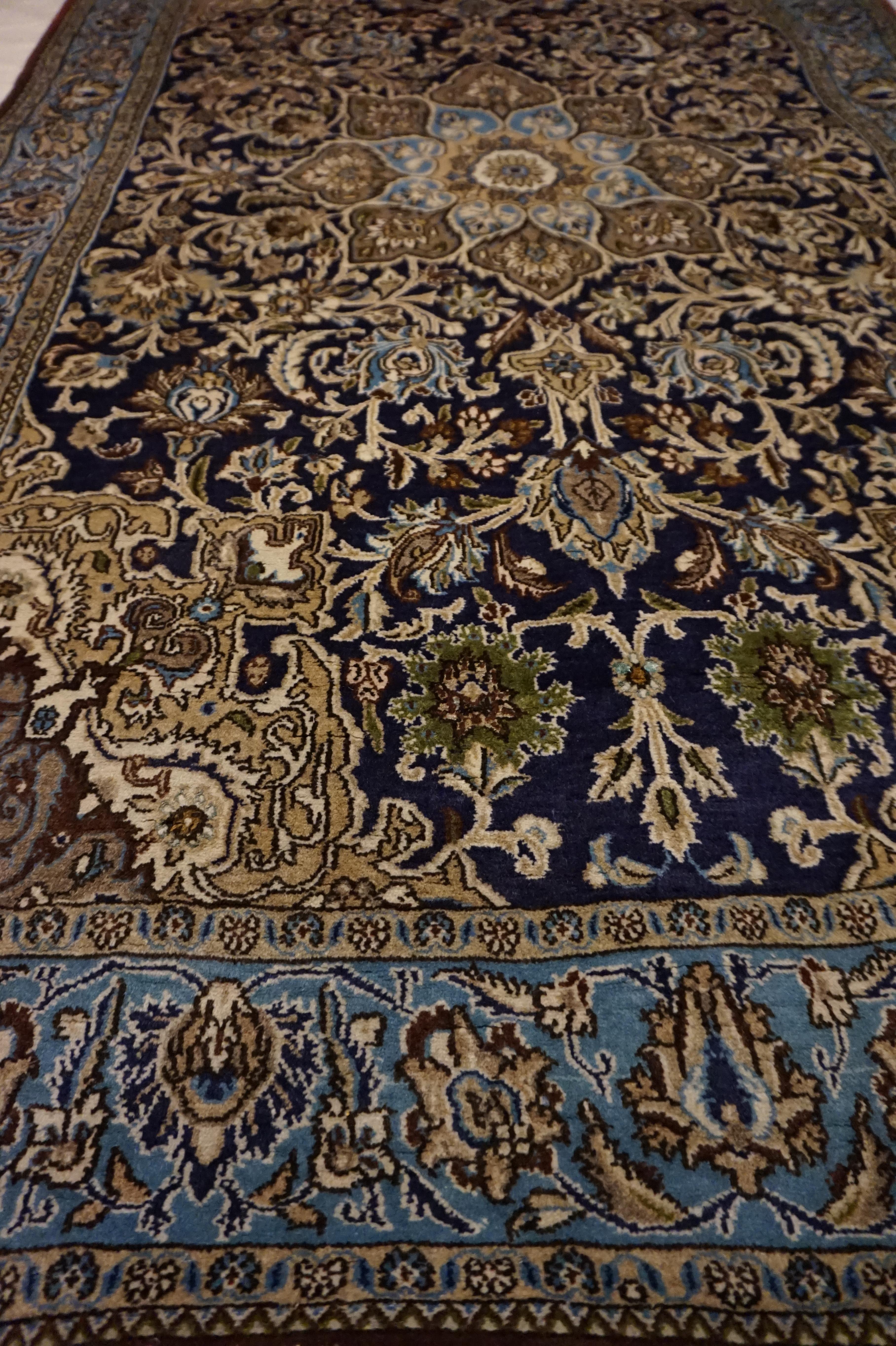 Antique Kashmir Kashan Rug Hand-knotted In Pure Wool In Indigo, Blues & Browns In Good Condition For Sale In Vancouver, British Columbia