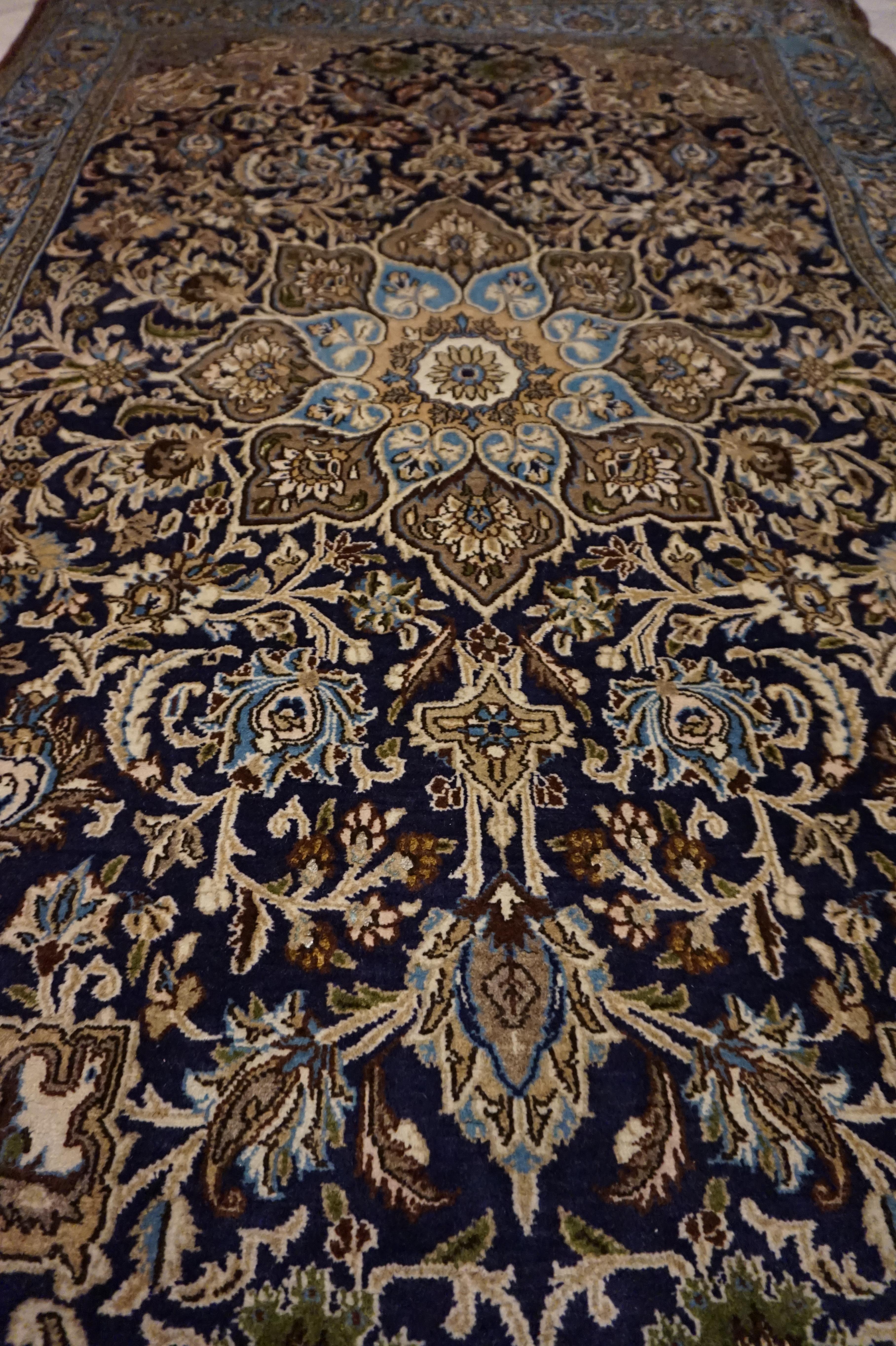 Antique Kashmir Kashan Rug Hand-knotted In Pure Wool In Indigo, Blues & Browns For Sale 1