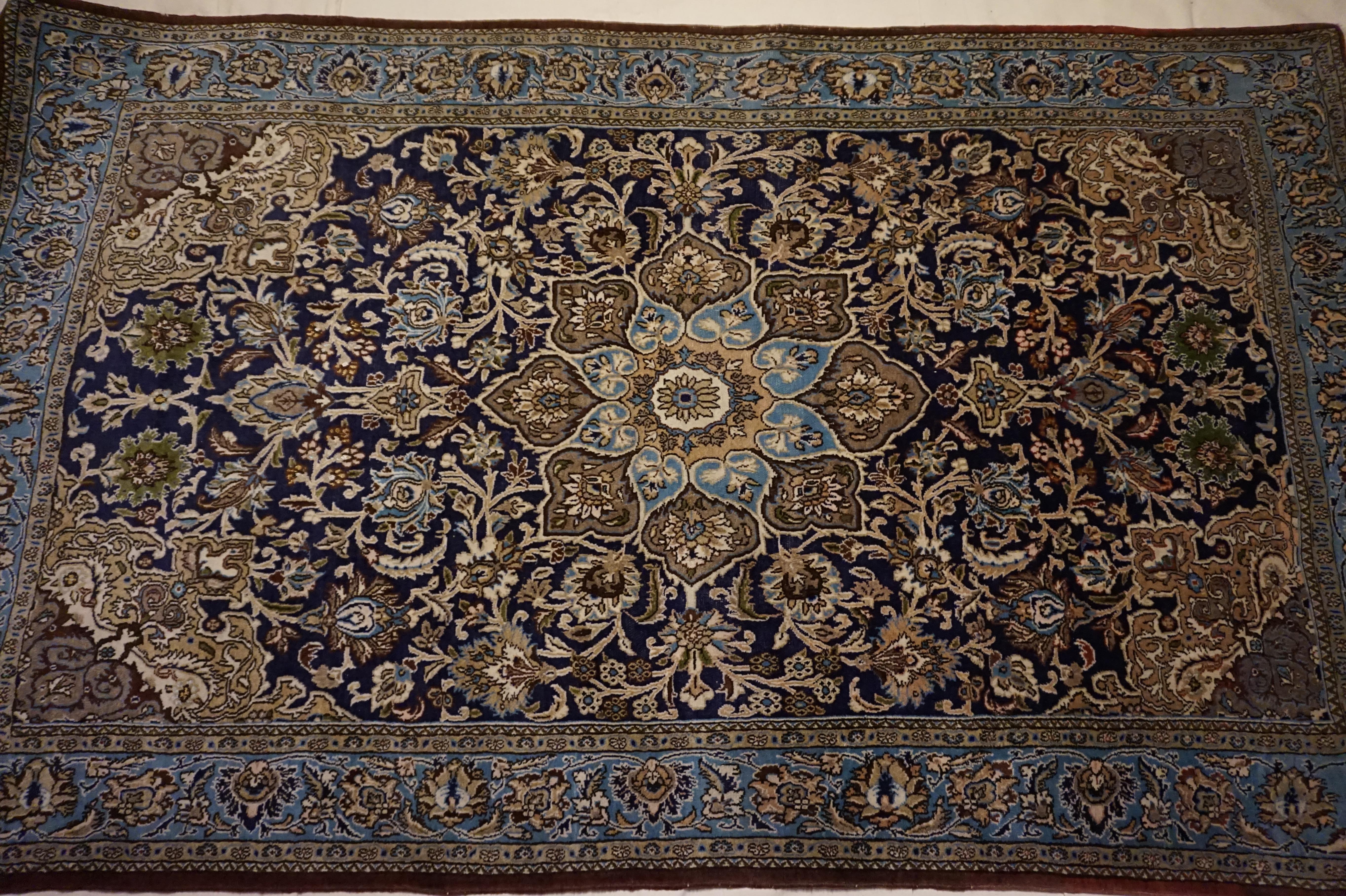 Antique Kashmir Kashan Rug Hand-knotted In Pure Wool In Indigo, Blues & Browns For Sale 2