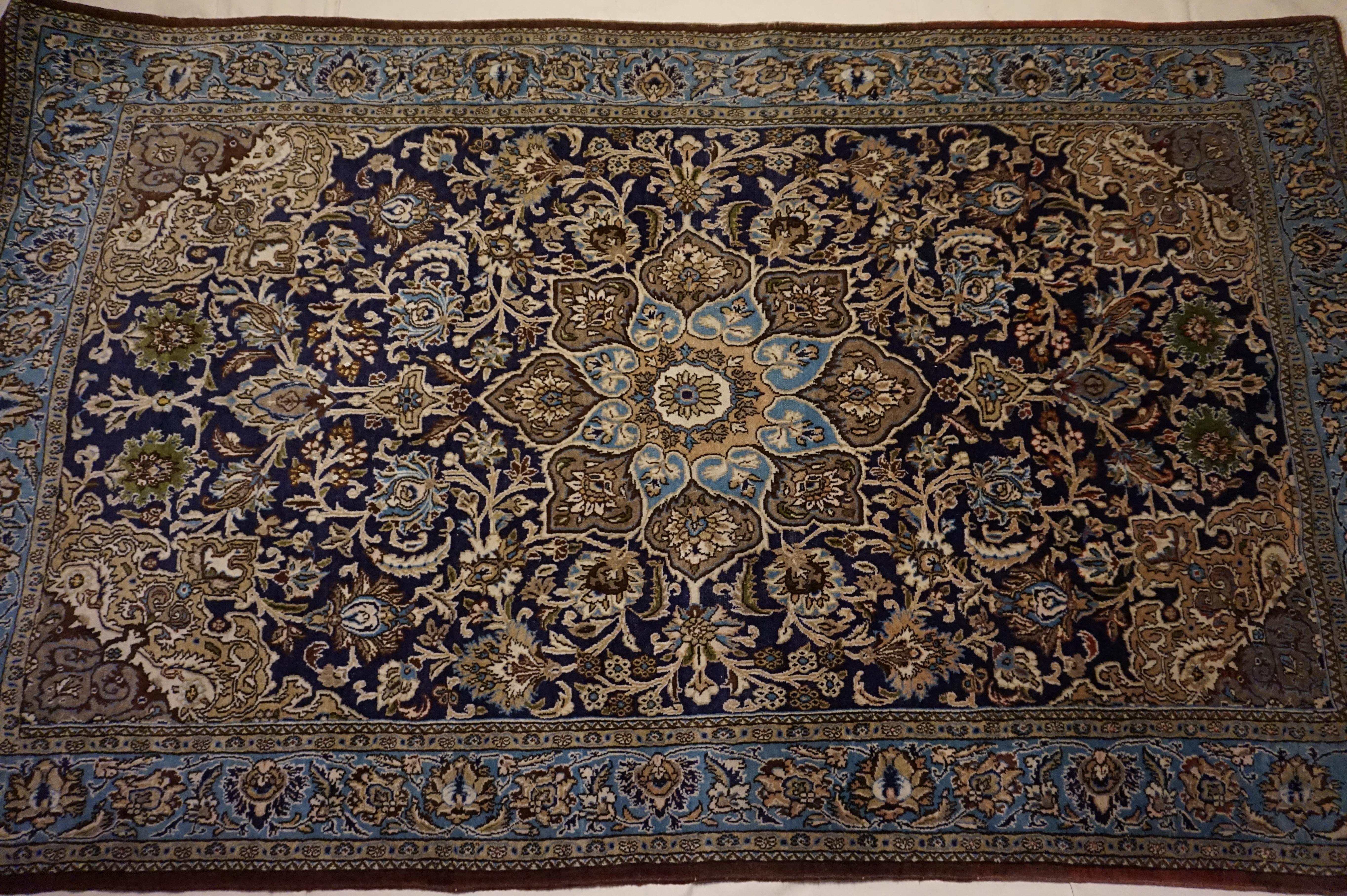 Antique Kashmir Kashan Rug Hand-knotted In Pure Wool In Indigo, Blues & Browns For Sale 3