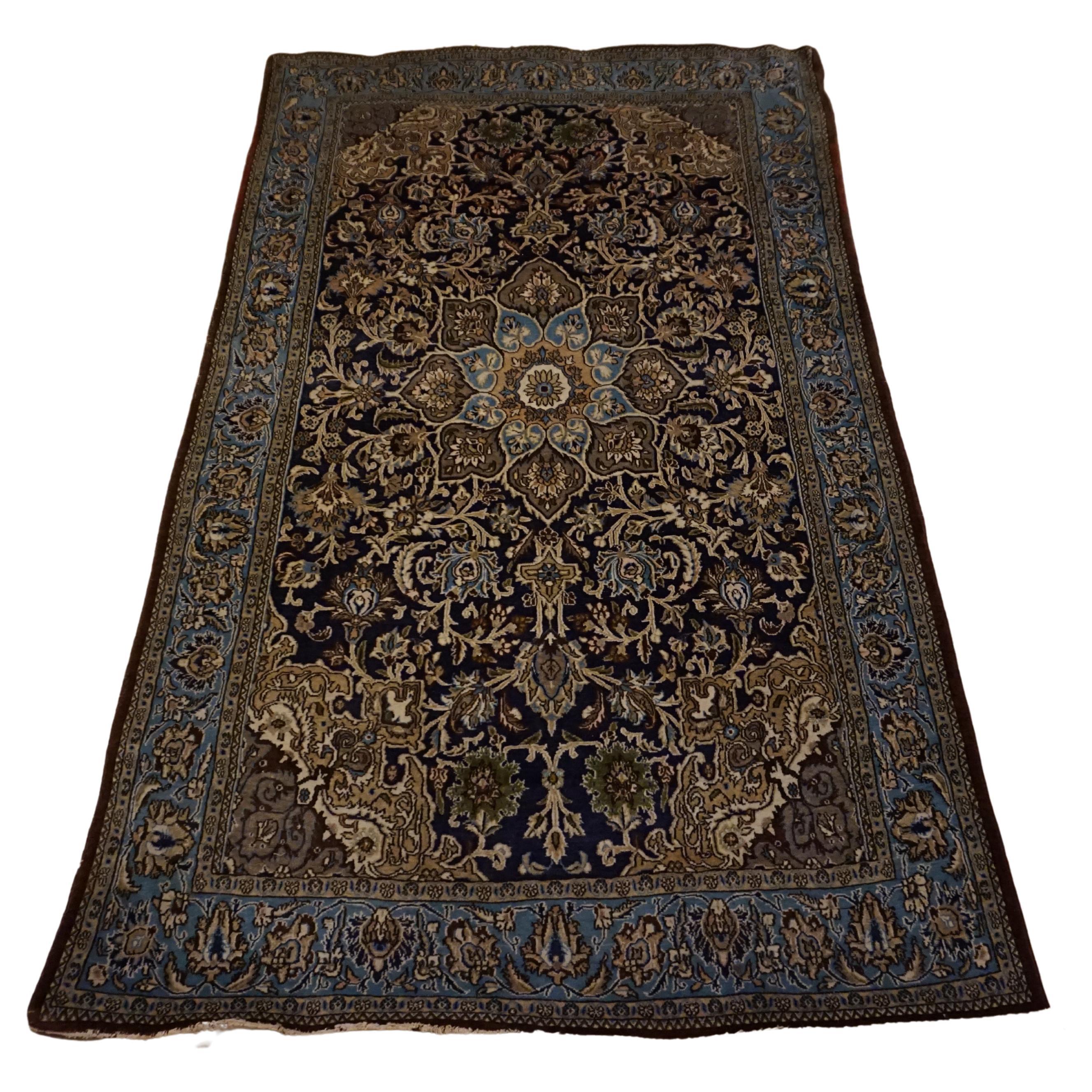 Antique Kashmir Kashan Rug Hand-knotted In Pure Wool In Indigo, Blues & Browns For Sale