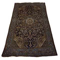 Antiker Kashmir Kashan Teppich handgeknüpft aus reiner Wolle in Indigo, Blau und Browns
