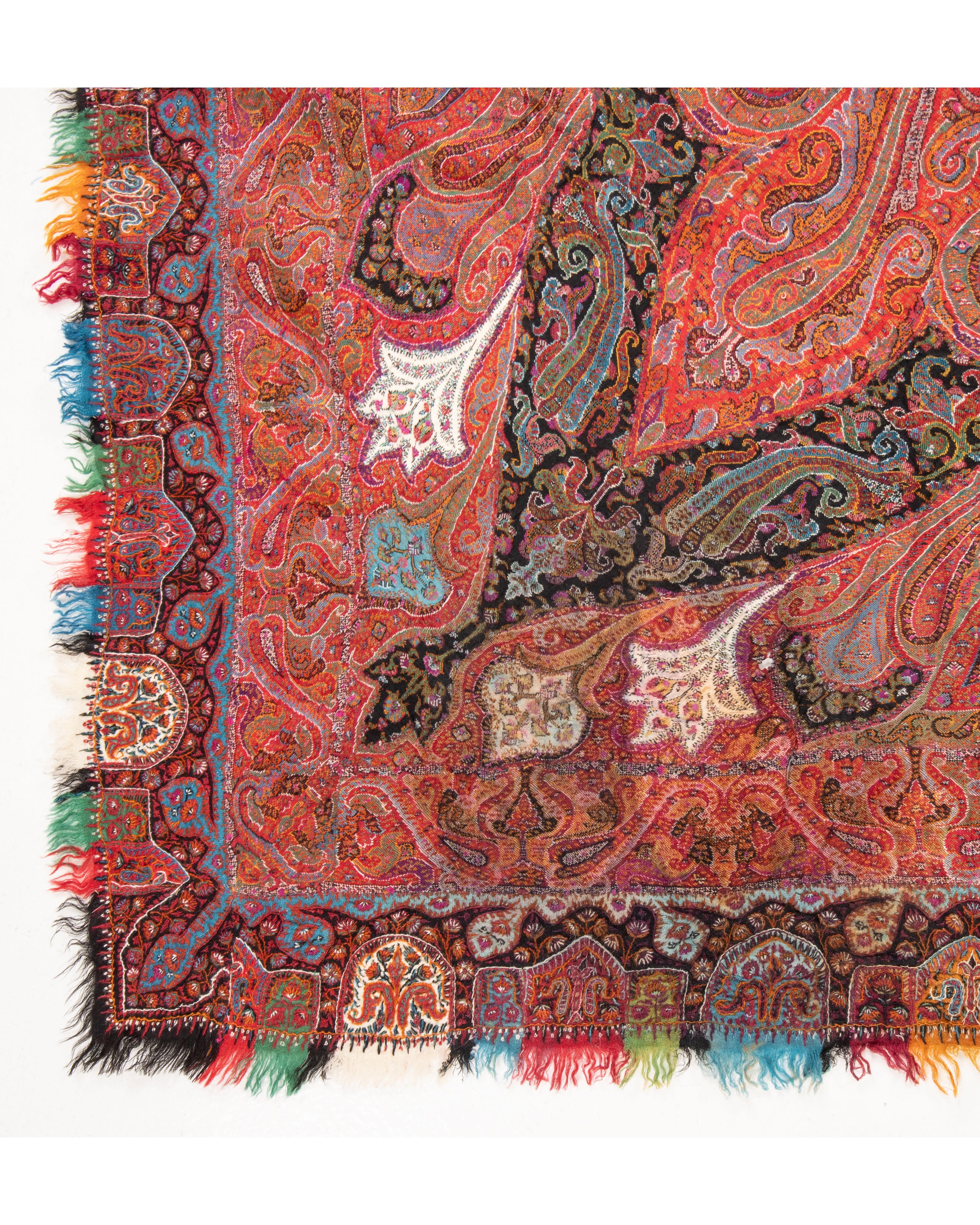 Hand-Woven Antique Kashmir Squarish Shawl, 19th C. For Sale