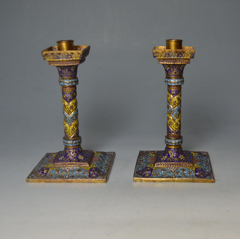 Antique Kashmiri Enamelled Gilt Copper Candle Sticks Interior Design