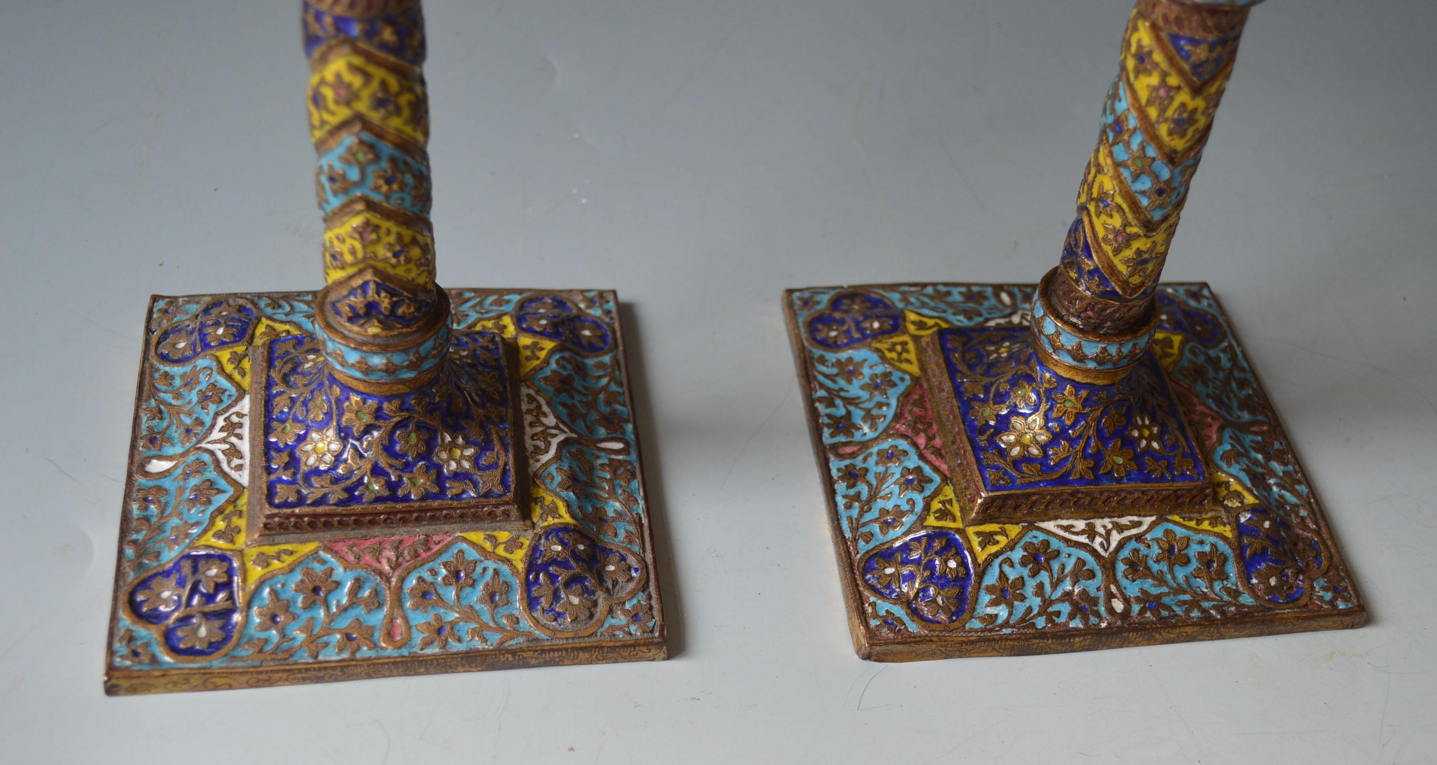 Indian Antique Kashmiri Enamelled Gilt Copper Candle Sticks Interior Design