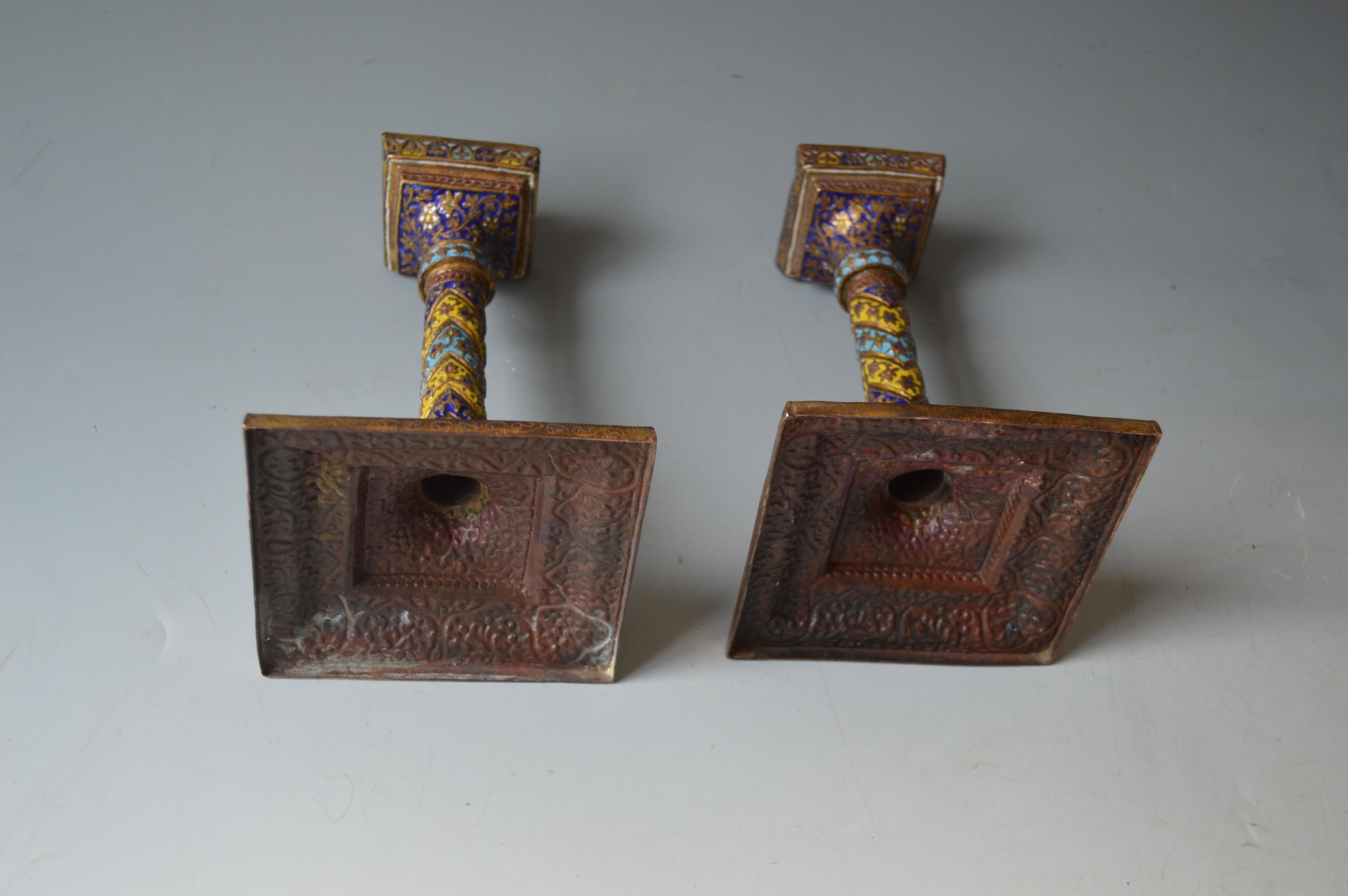 Hand-Crafted Antique Kashmiri Enamelled Gilt Copper Candle Sticks Interior Design