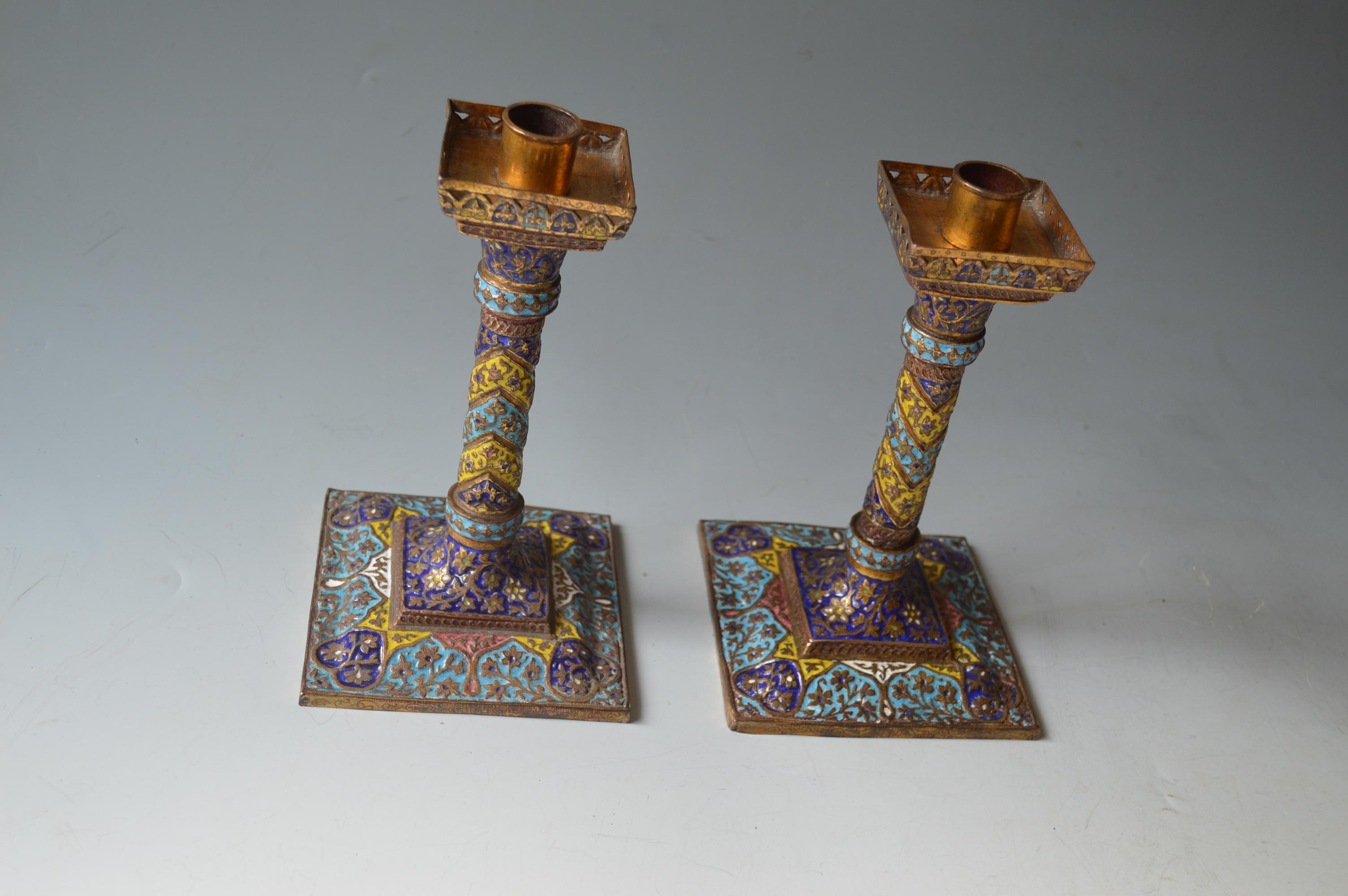 Antique Kashmiri Enamelled Gilt Copper Candle Sticks Interior Design In Good Condition In London, GB