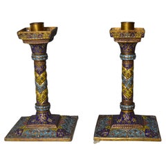 Antike Kaschmiri-Kerzenständer aus emailliertem, vergoldetem Kupfer für die Inneneinrichtung