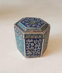 Antique Kashmiri Indian Asian Silver Meenakari Enamel Hexagonal Box c1900