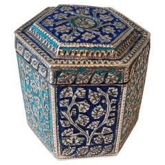 Antique Kashmiri Indian Asian Silver Meenakari Enamel Hexagonal Box c1900