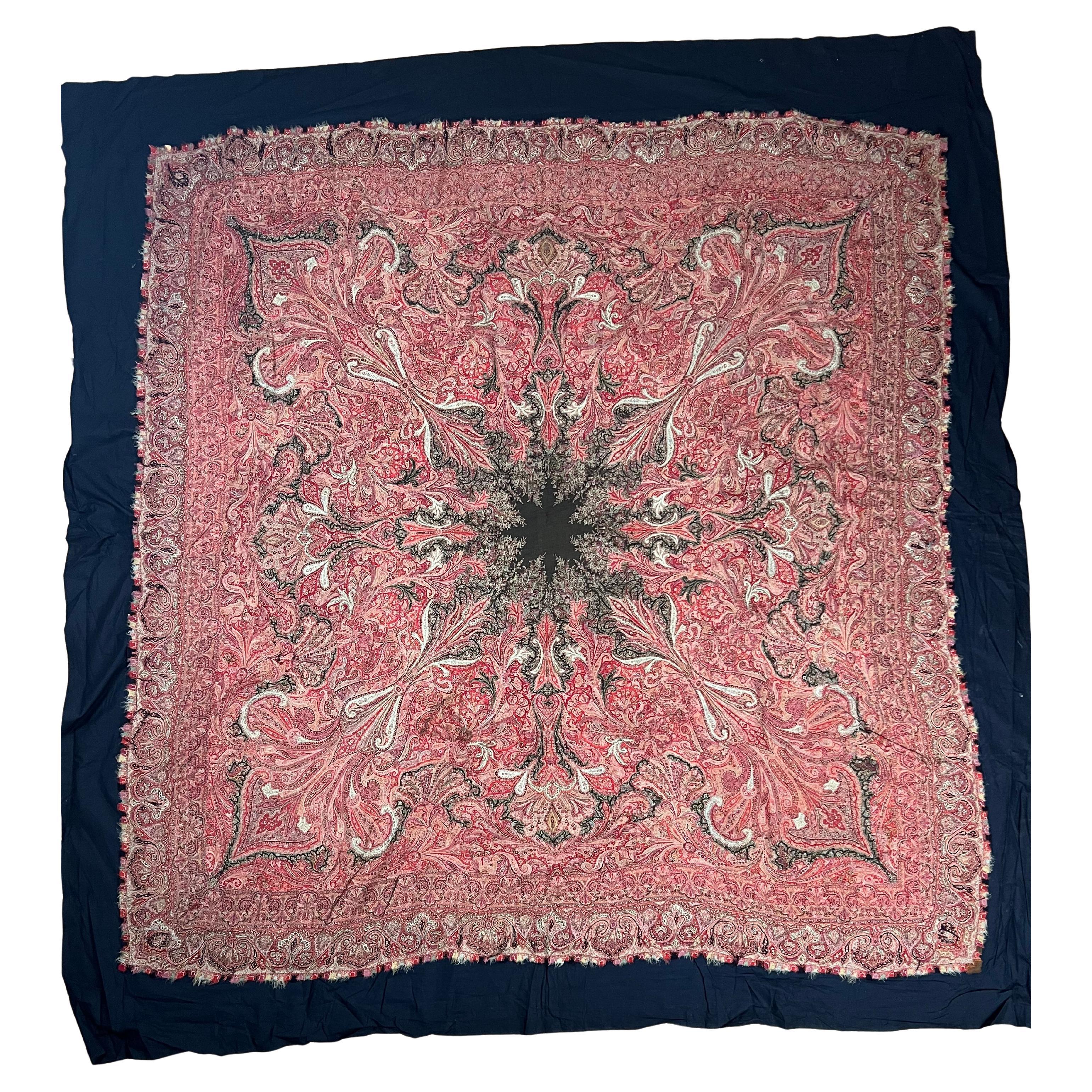Antique Kashmiri Kani Woven Square Shawl   India c. 1870 - 1890