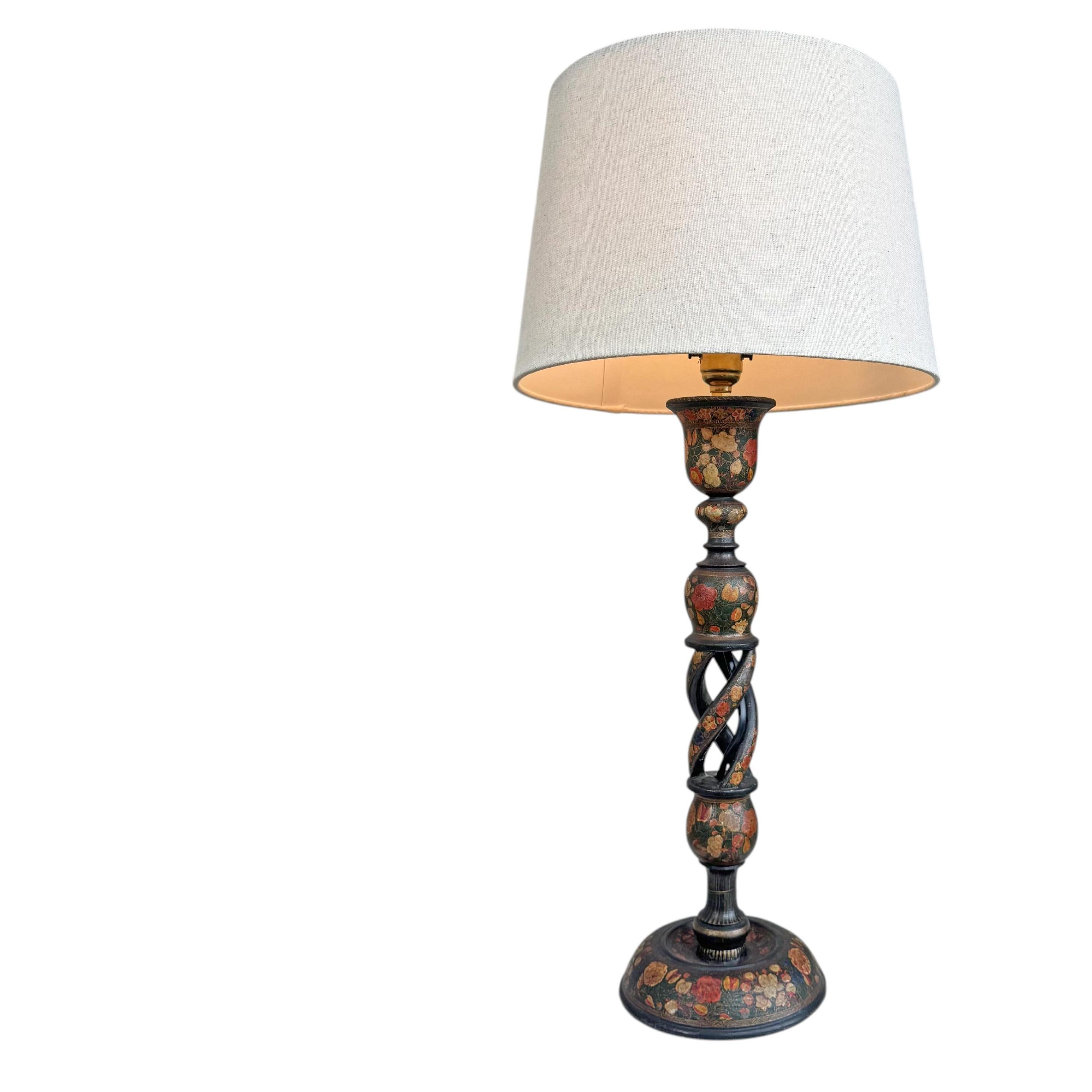 Lámpara de mesa antigua de Cachemira pintada, del siglo XIX, de la India