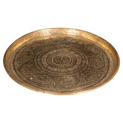Antique Kasmiri Decorative Tray, Indian, Engraved, Brass, Platter, Victorian