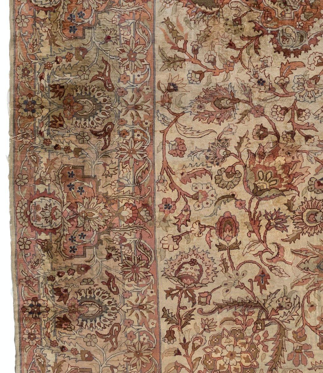 Hand-Woven Antique Metallic Silver Rose Floral Turkish Kaysari Silk Carpet, circa 1940s For Sale