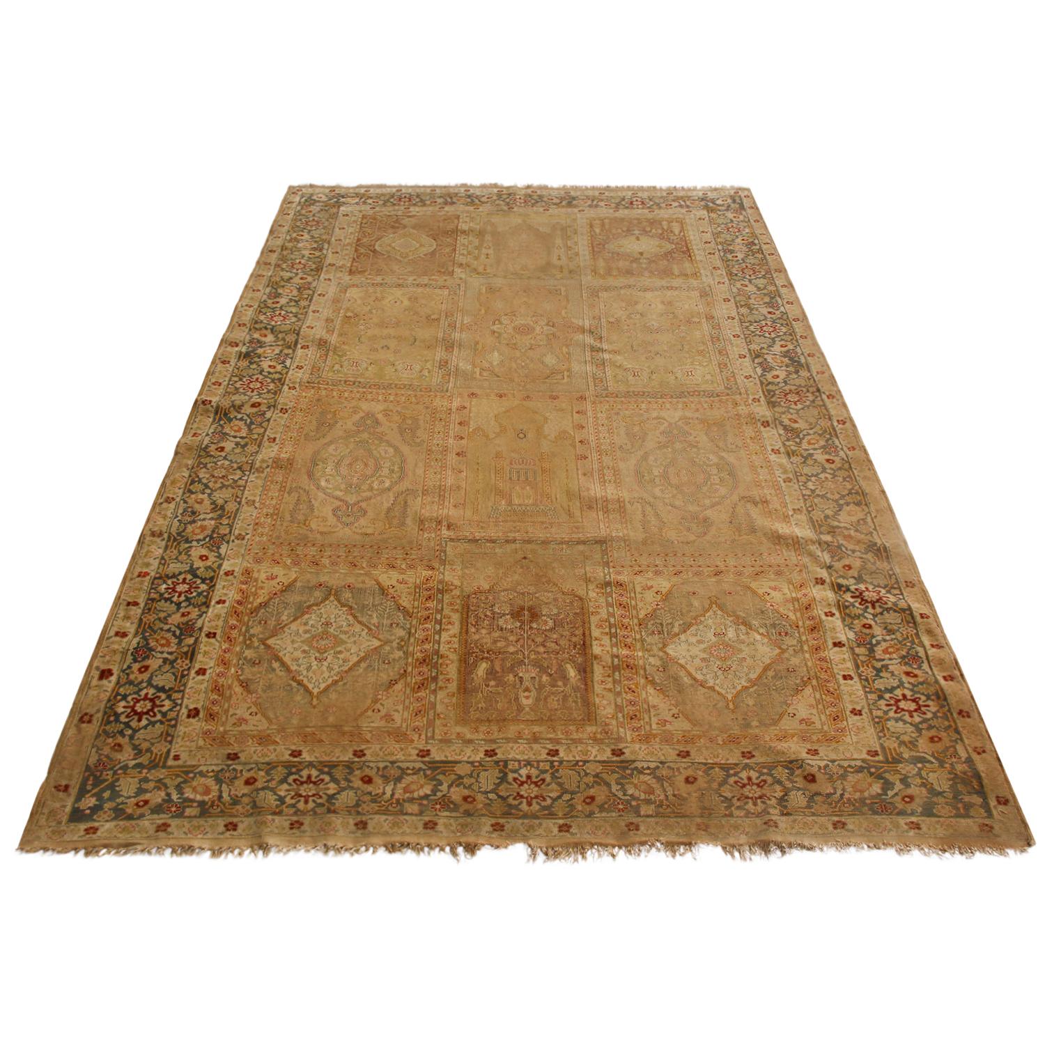 Hand knotted in naturally luminous silk originating from Turkey between 1870-1880, this antique Kayseri rug enjoys a stylistically impressive garden design in multi-tonal beige and mauve colorways, accented both in the tile frame and border patterns