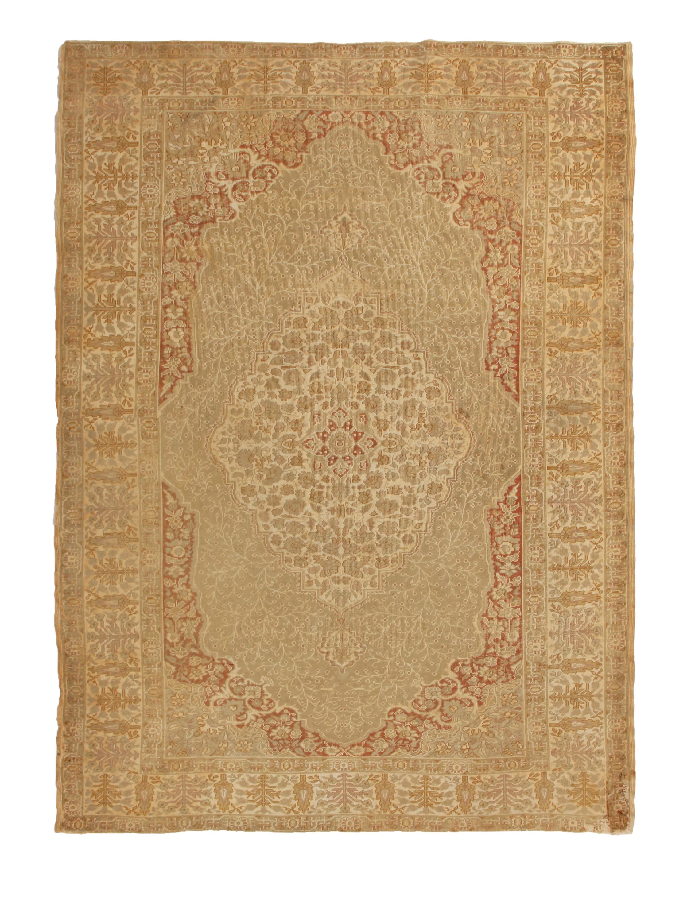 Hand knotted with a brilliant silk body originating from Turkey in 1890, this antique Kayseri rug is one of a select series to create distinction underfoot with equal attention to its border and medallion style field design. Featuring a rare, rustic