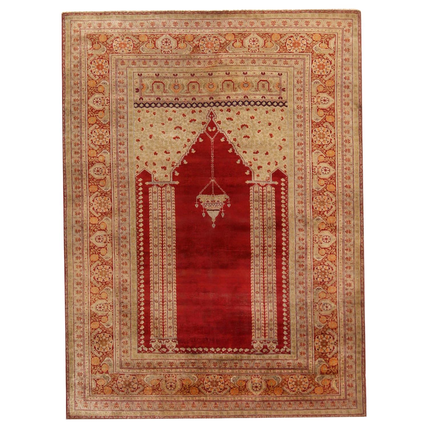 Antique Kayseri Crimson Red and Beige Geometric-Floral Wool Rug by Rug & Kilim For Sale