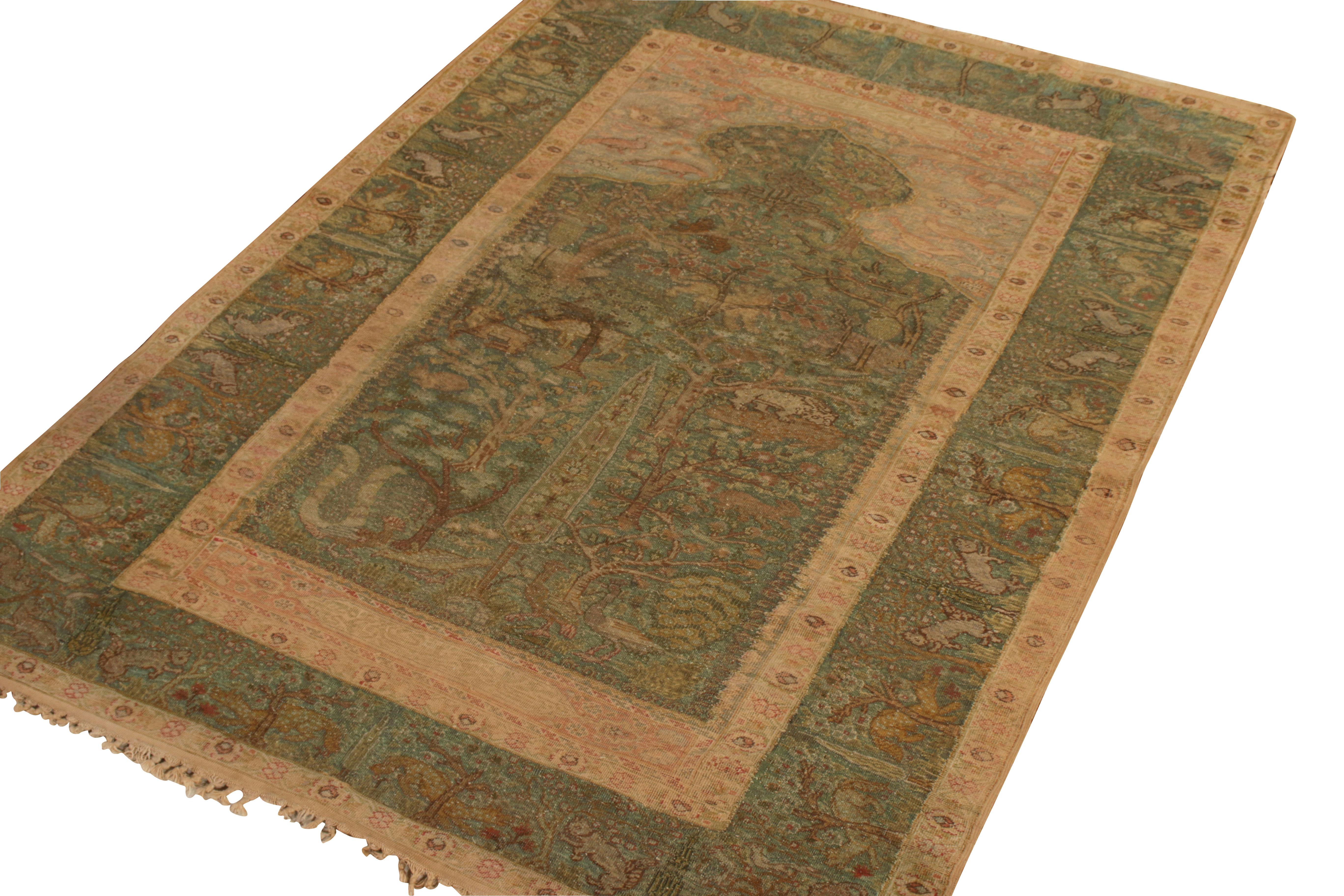 Hand knotted in a rare metallic thread with silk and originating from Turkey circa 1920-1930, this antique 4x6 Kayseri rug is an artful piece of pictorial representation. The Fine craftsmanship draws attention towards the intricacy that spans across