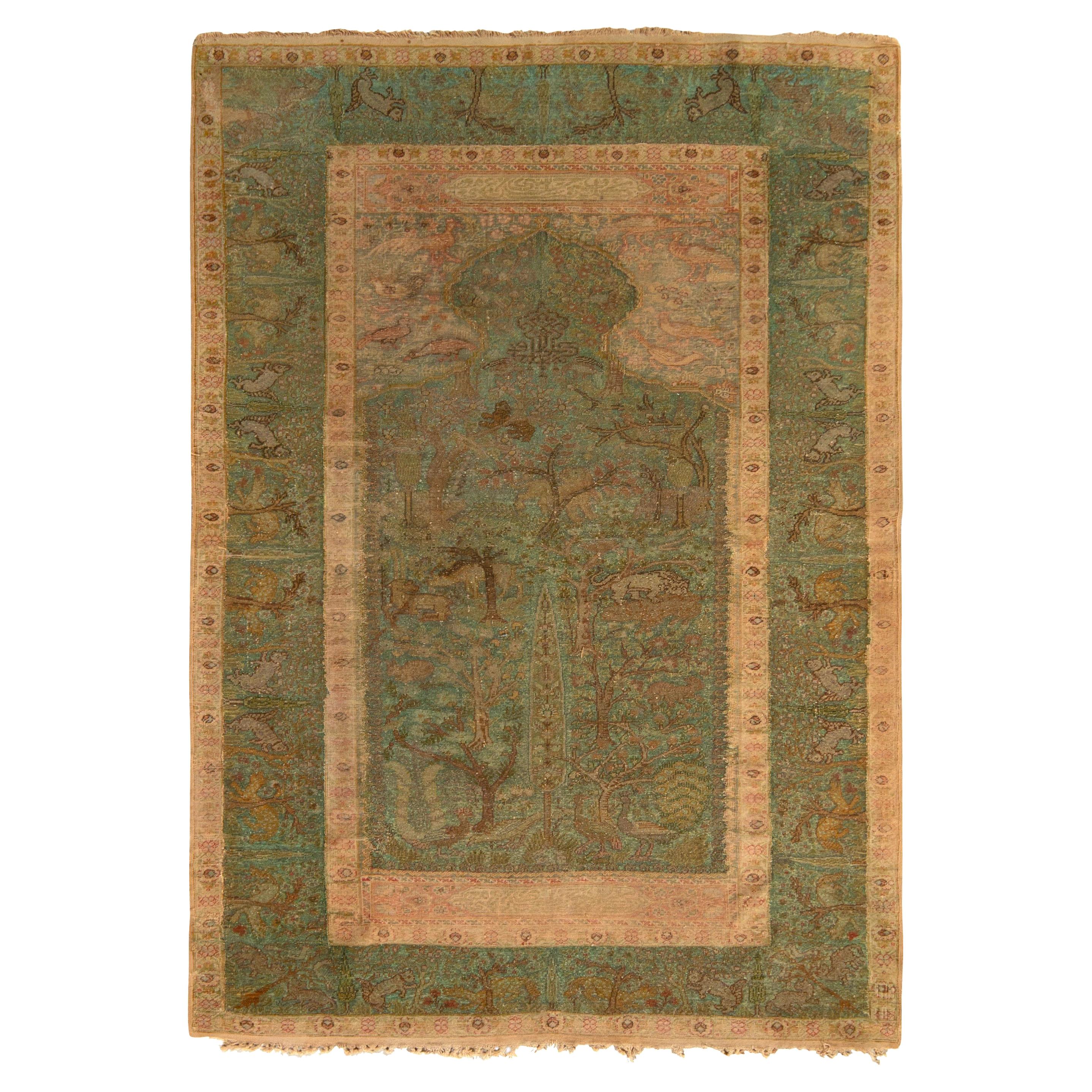 Antique Kayseri Rug in Green and Beige-Brown Floral Pattern by Rug & Kilim For Sale
