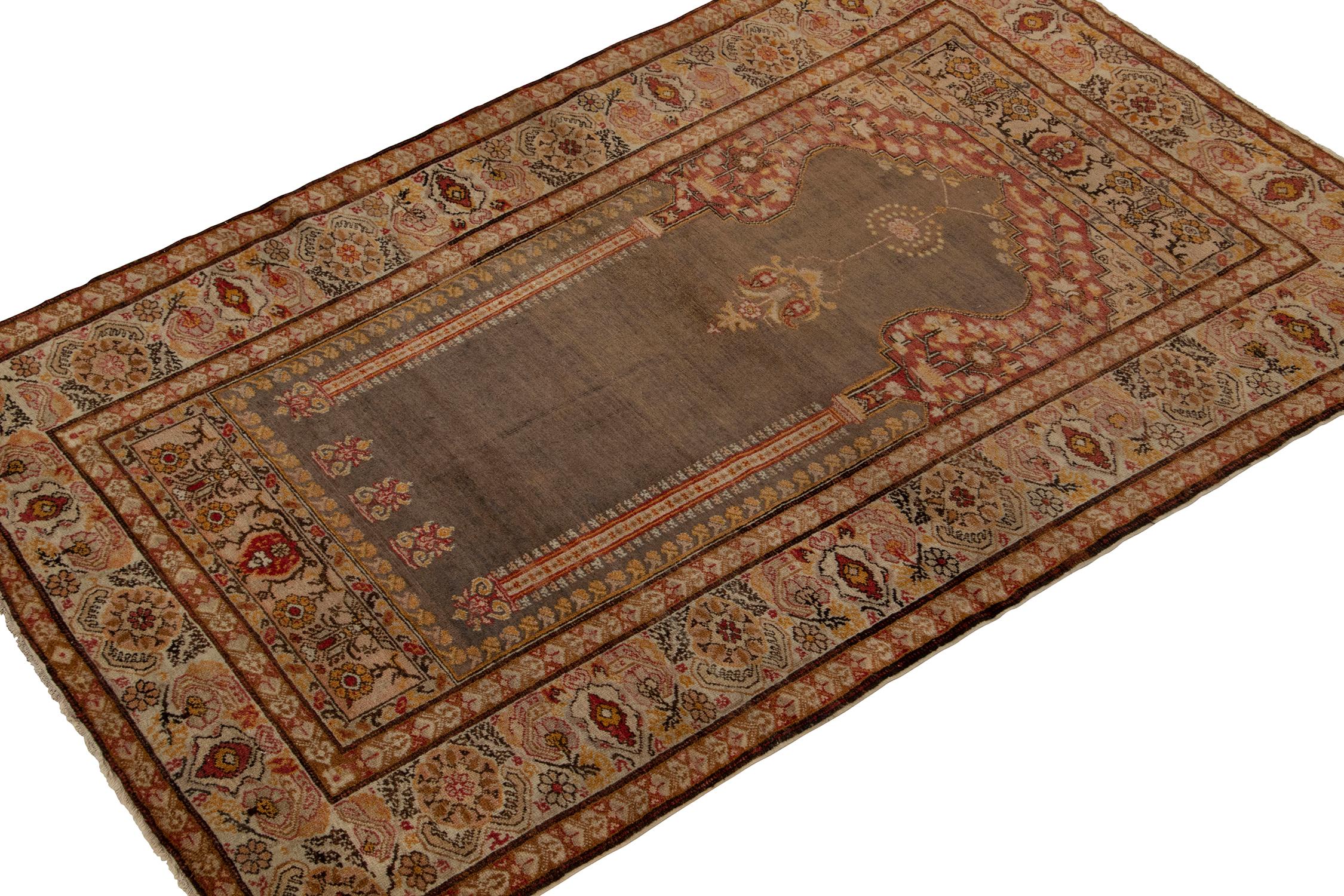 An antique 5x7 Kayseri rug from Rug & Kilim's rare classic curations. Hand-knotted in wool from Turkey circa 1920-1930.
Further on the Design:
The employment of rich red and gold reads so beautifully in the Mihrab pattern and floral border alike.