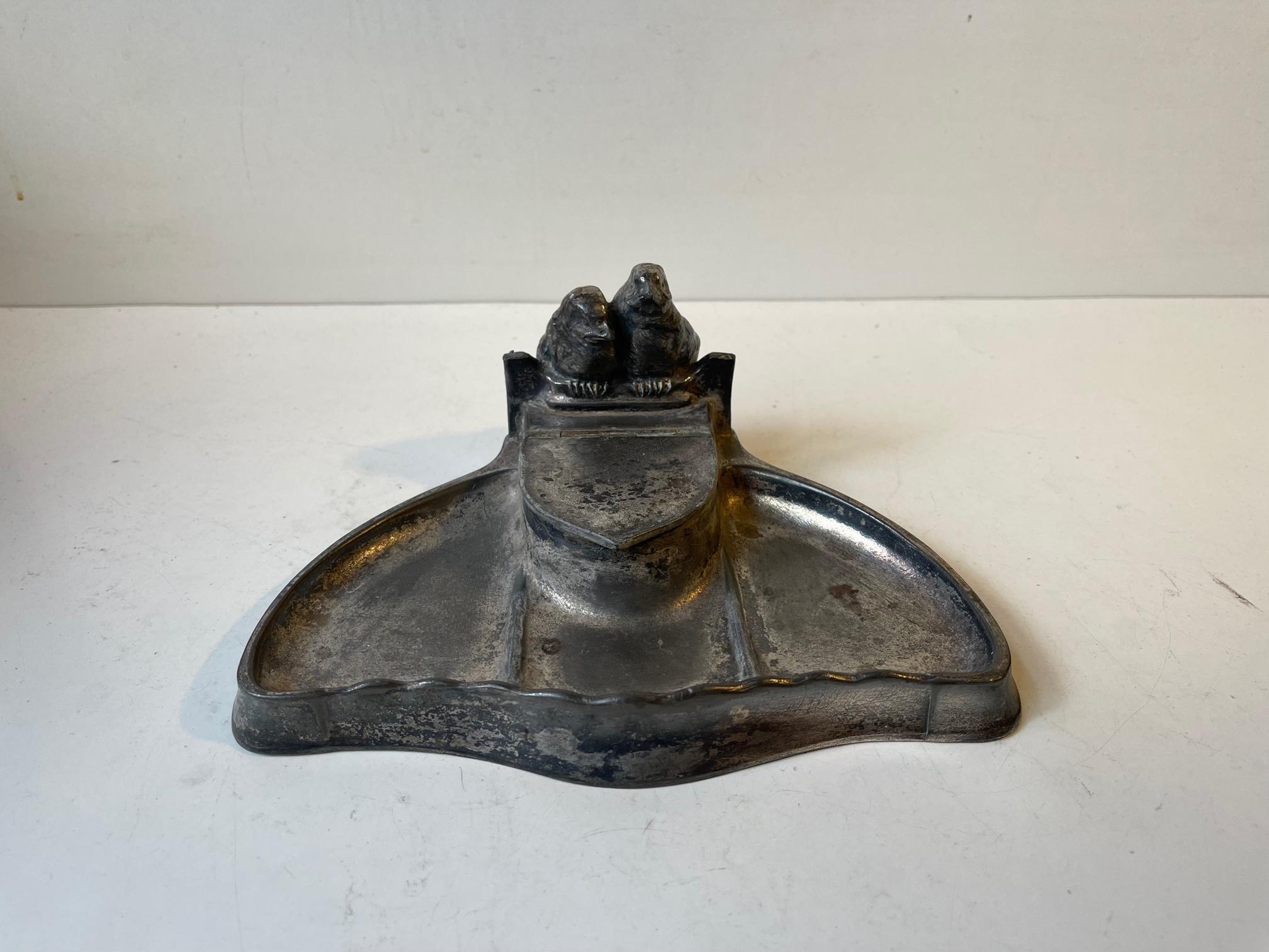Arts and Crafts Antique Kayserzinn Pewter Inkwell with Lovebirds, German, 1910s For Sale