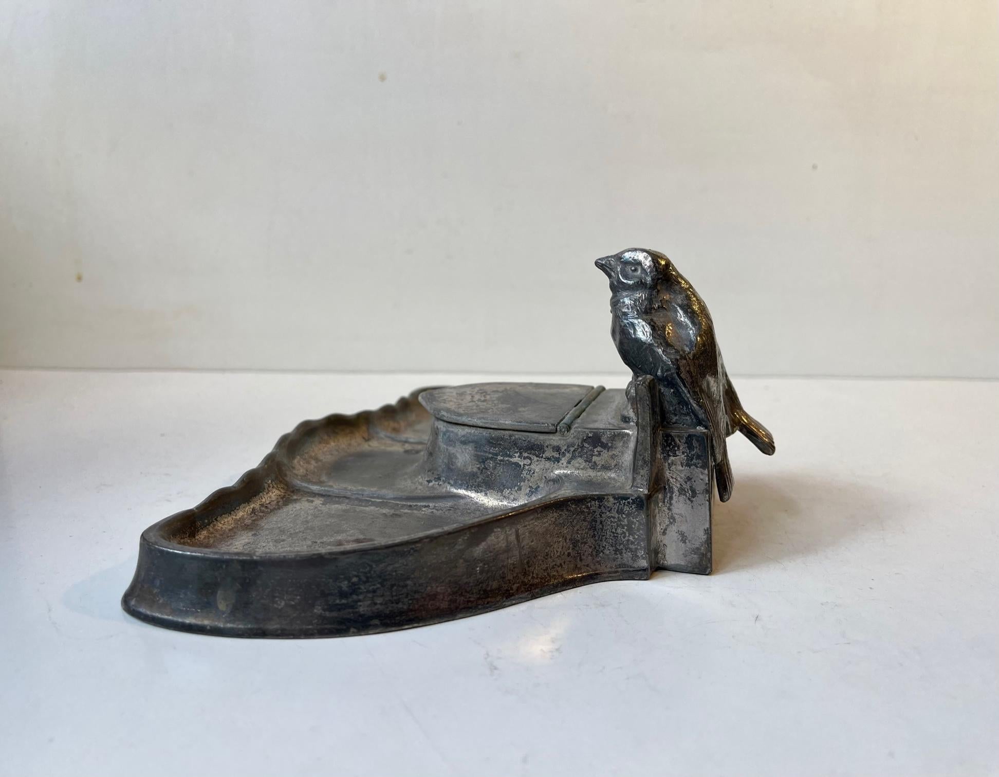 Antique Kayserzinn Pewter Inkwell with Lovebirds, German, 1910s For Sale 1