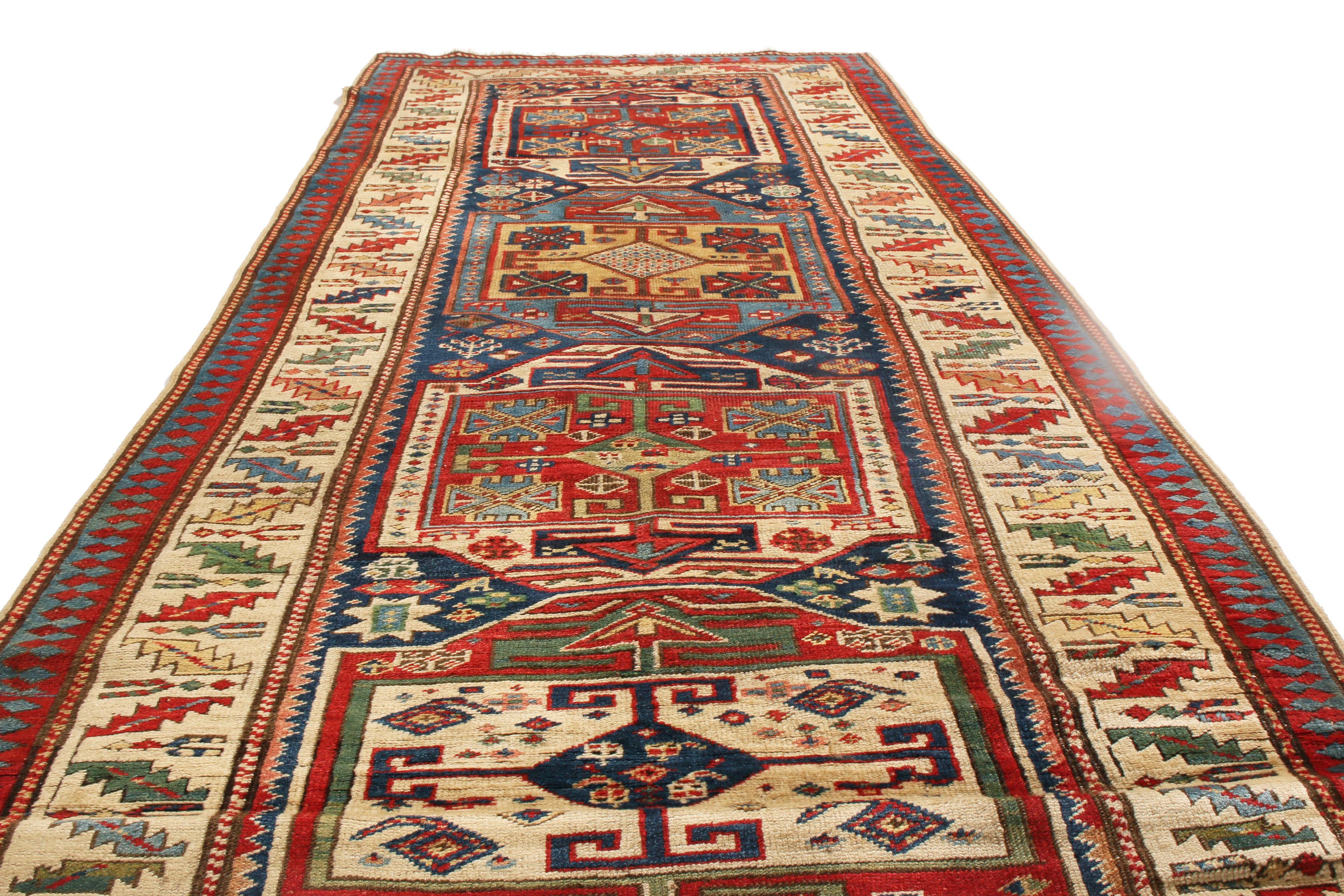 Hand knotted in high quality wool and originating from Russia in 1880, this antique Kazak runner hosts a unique all over field design with many variations of the ram’s horn and dowry chest symbols. Complemented by celebratory tribal ocean and abrash