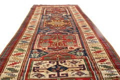 Antique Kazak Blue and Beige Geometric Wool Runner by Rug & Kilim