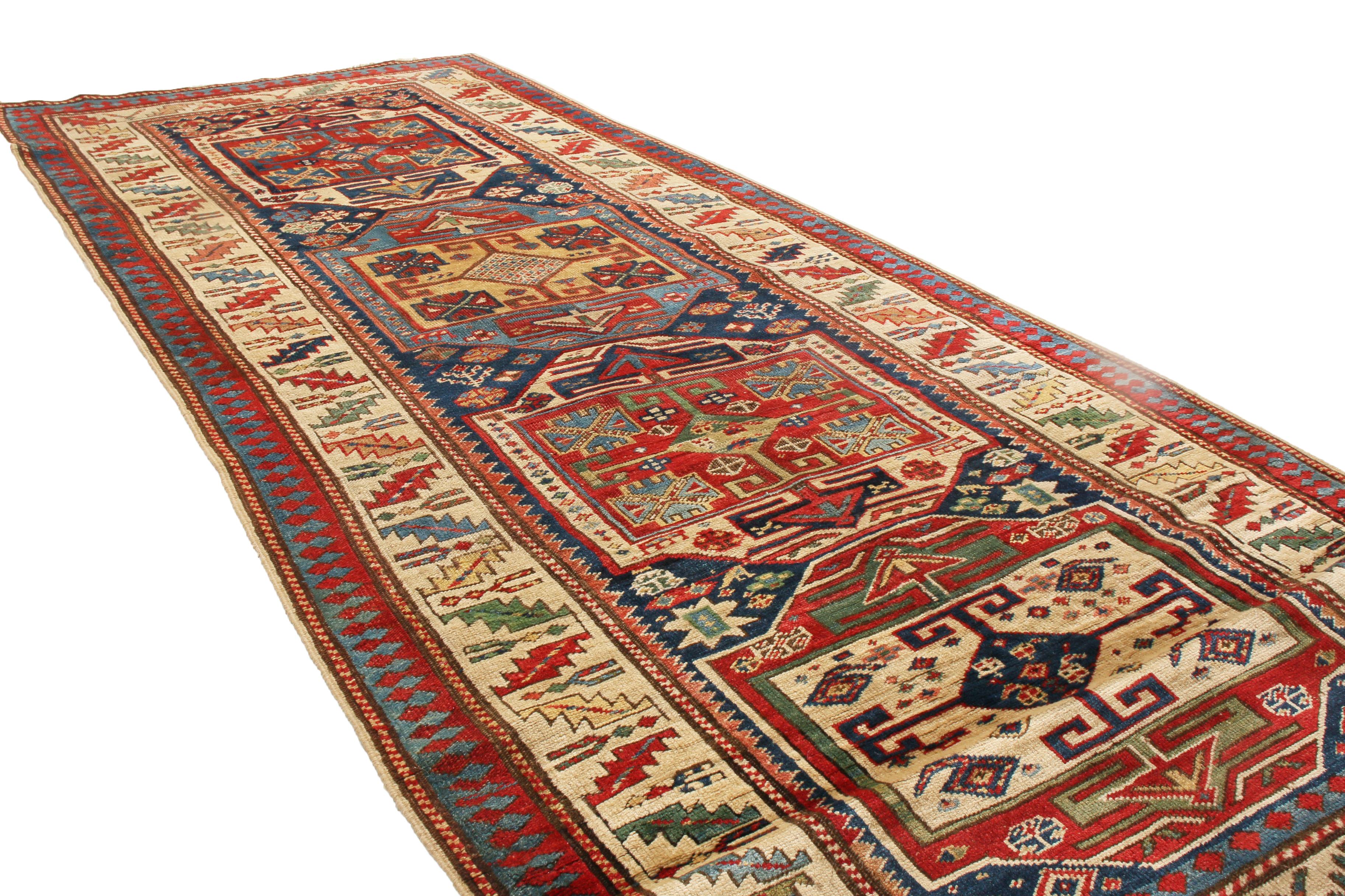 European Antique Kazak Blue and Beige Geometric Wool Runner