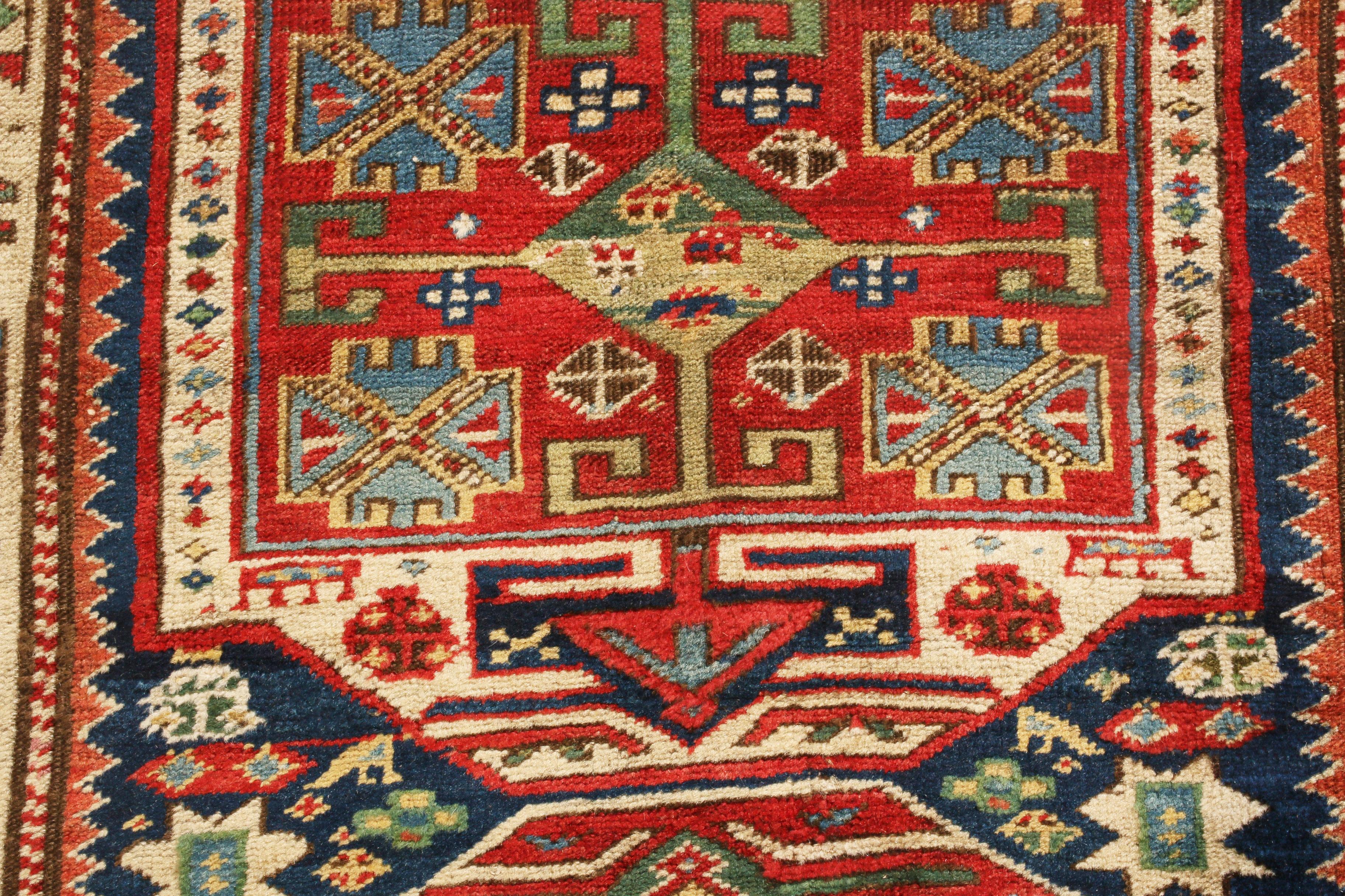 Hand-Knotted Antique Kazak Blue and Beige Geometric Wool Runner