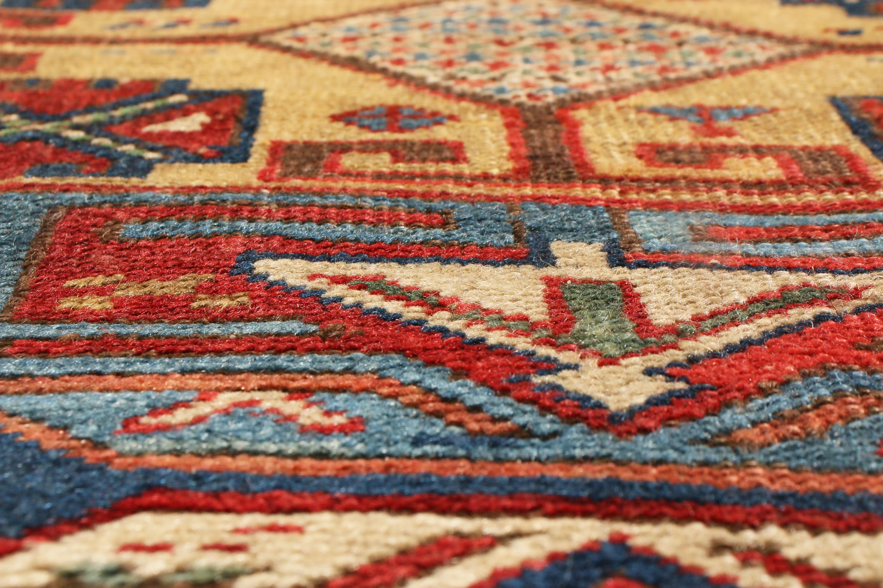 Antique Kazak Blue and Beige Geometric Wool Runner by Rug & Kilim In Good Condition For Sale In Long Island City, NY