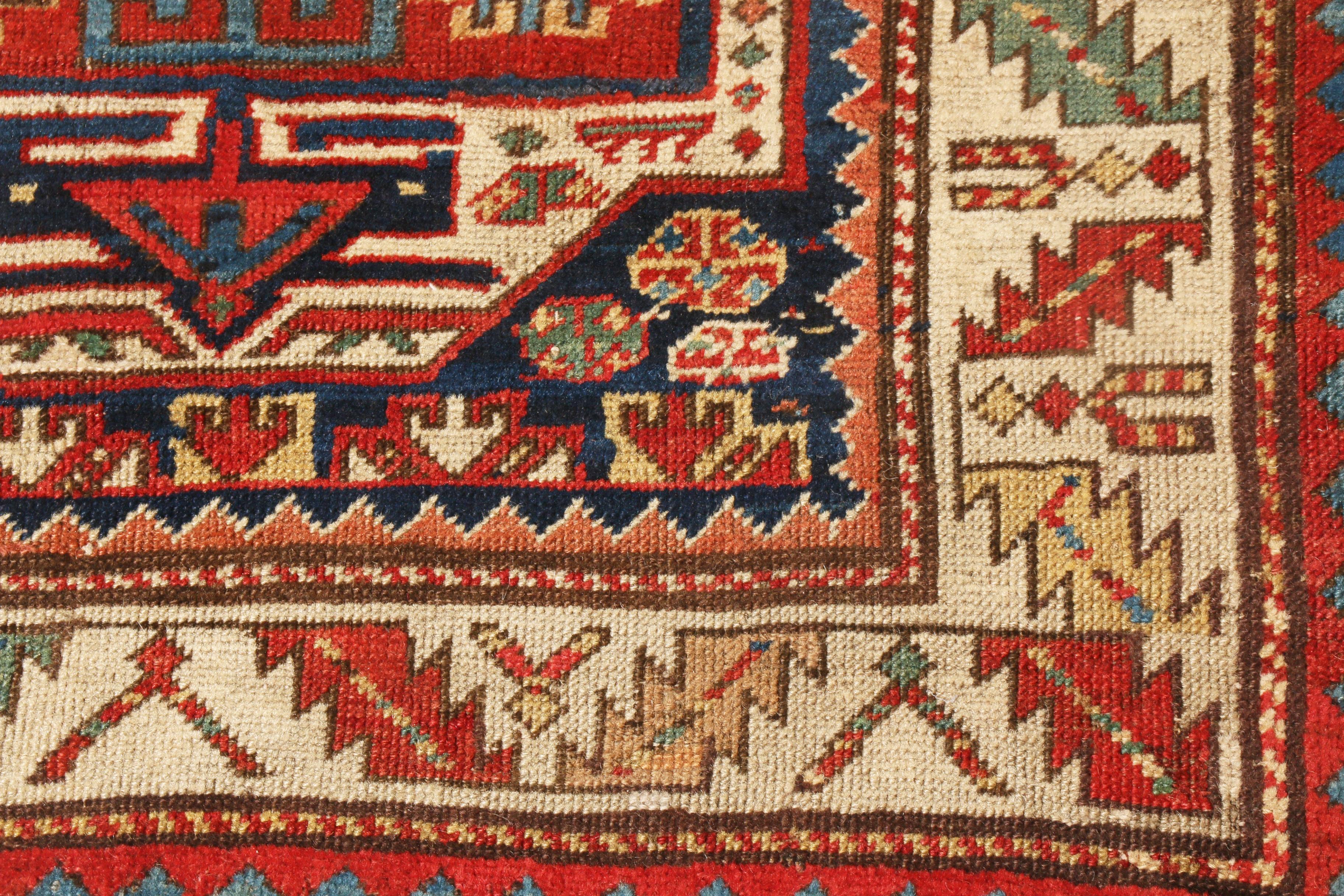 Late 19th Century Antique Kazak Blue and Beige Geometric Wool Runner