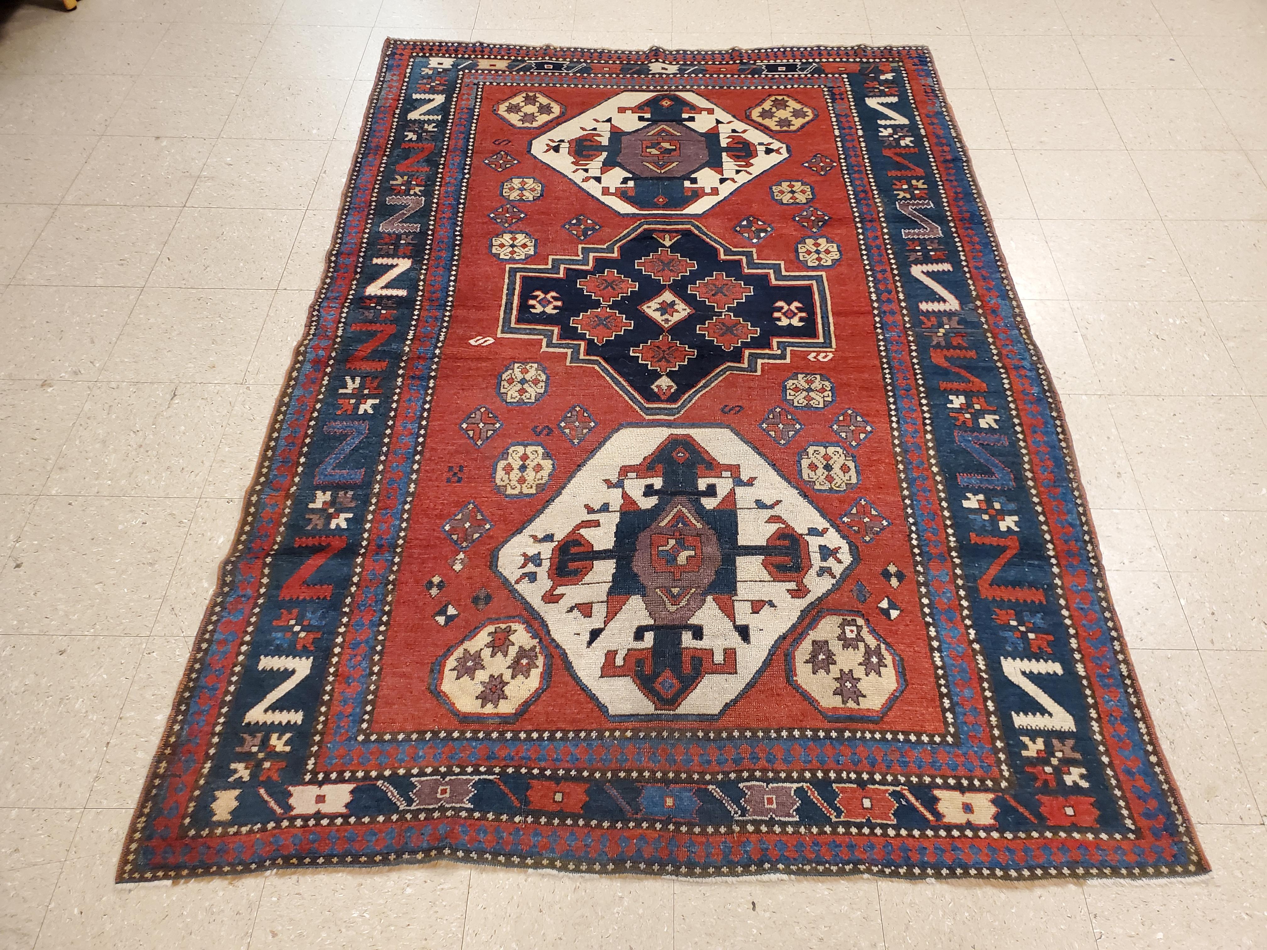 Antique Kazak Carpet, Handmade Wool, Rust, Ivory, Navy, Light Blue and Geometric For Sale 4